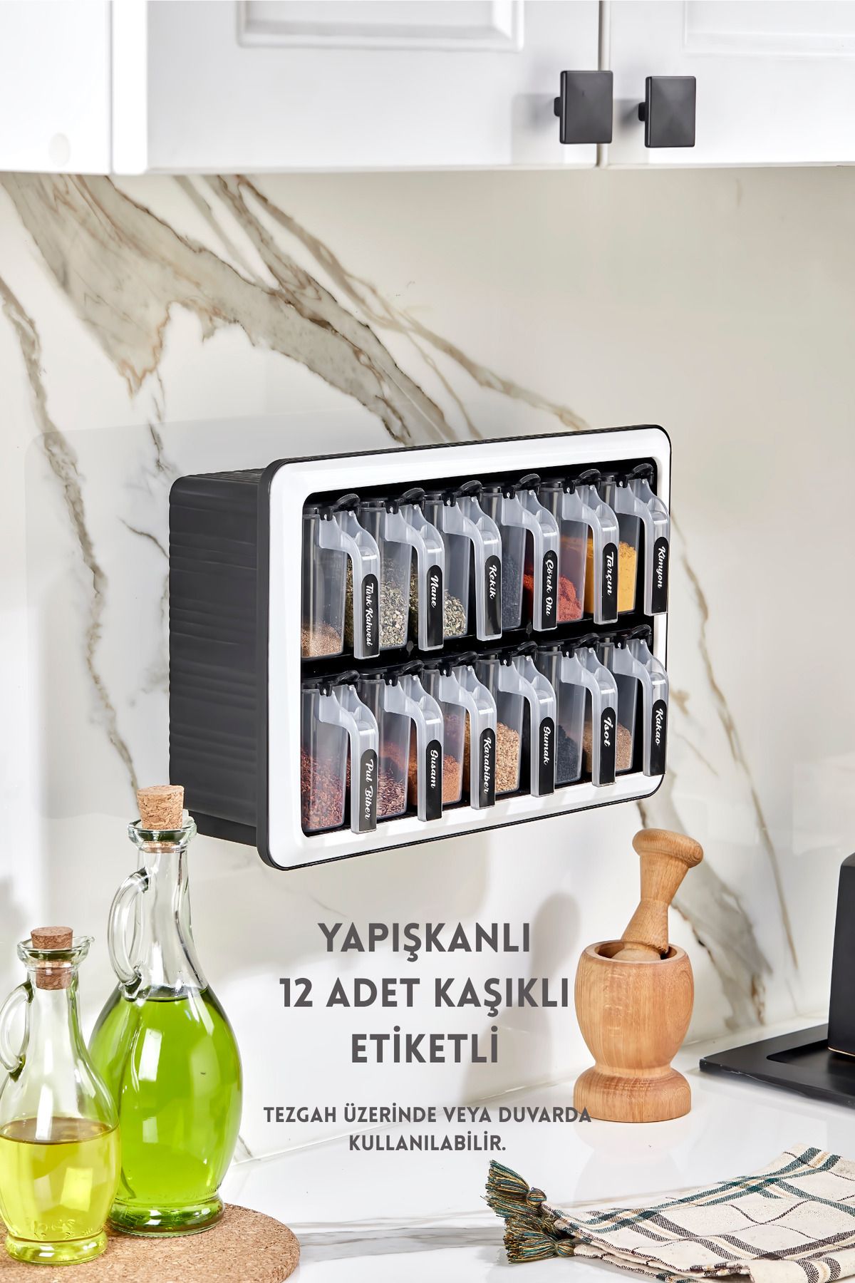 VİP LİFE HOME Standplus 12'li Baharatlık Seti Yapışkanlı - Kaşıklı - Standlı Baharatlık - Siyah (ETİKET HEDİYELİ)