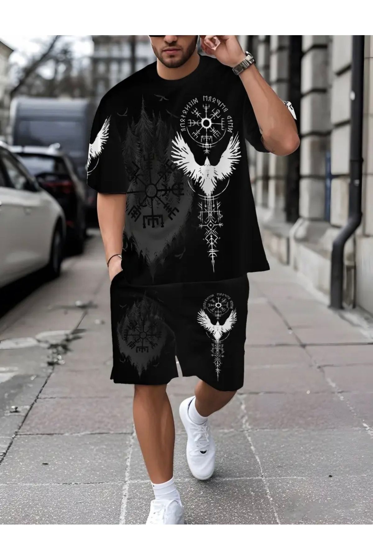 PUNIX BÜYÜK BEDEN ÖZEL TASARIM SEMBOLLER BASKILI SOKAK MODASI ERKEK BATTAL T-SHIRT ŞORT TAKIMI