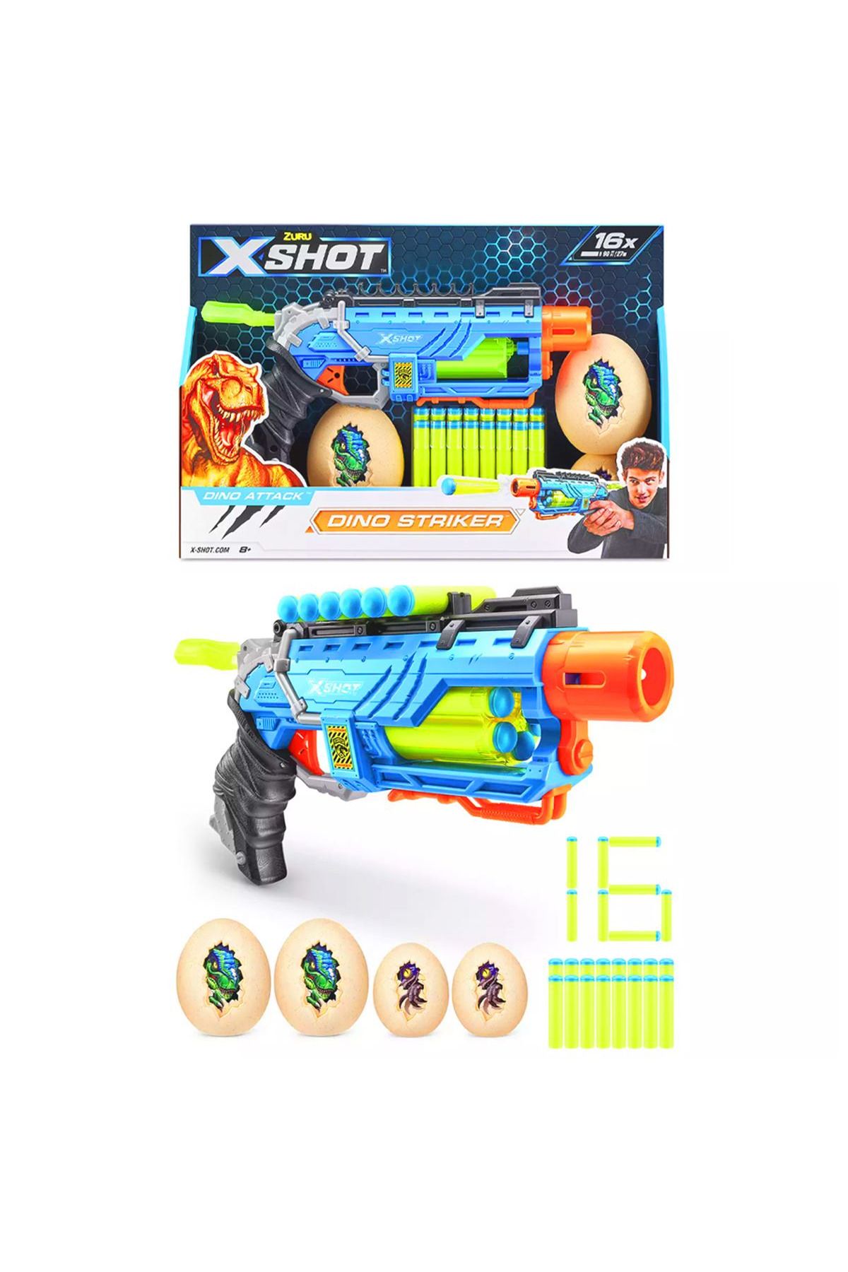 Art Tone ZURU X-SHOT SÜNGER TABANCASI 4860 DİNO STRİKER DİNO ATTACK 16 MERMİ 8+