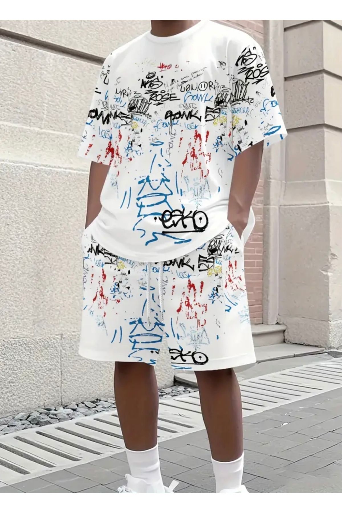 PUNIX BÜYÜK BEDEN ÖZEL TASARIM GRAFFİTİ KARMA BASKILI SOKAK MODASI HİP HOP ERKEK T-SHIRT ŞORT TAKIMI
