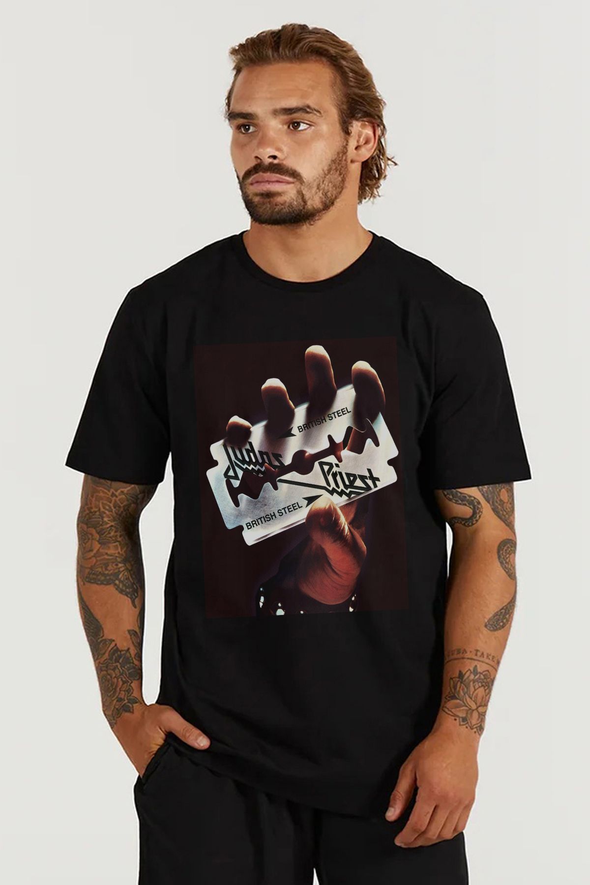 MODA Judas Priest Heavy Metal Baskılı Oversize Kalıp Siyah Geniş Bol Kesim Erkek Tişört