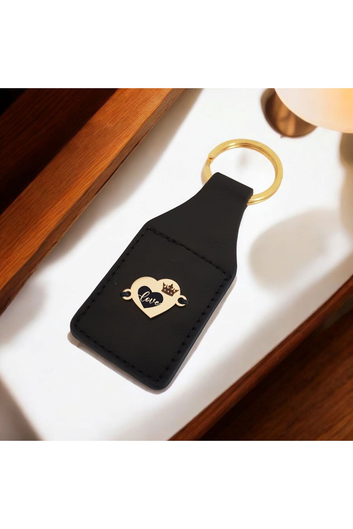 ARCHINO GOLD Aşk Temalı Kalp Motifli Doğal Derili 14 Ayar Altın Plakalı Hediye Anahtarlık-488sembol