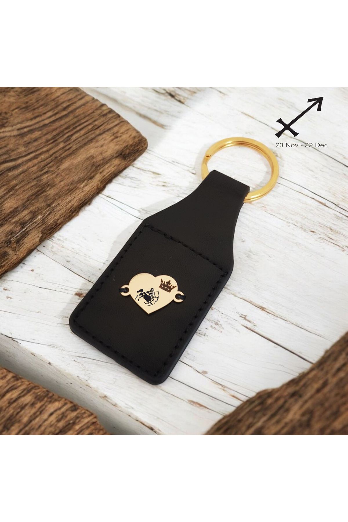 ARCHINO GOLD Yay Burçlarına Özel Kalp Motifli Doğal Derili 14 Ayar Altın Plakalı Hediye Anahtarlık-488burç