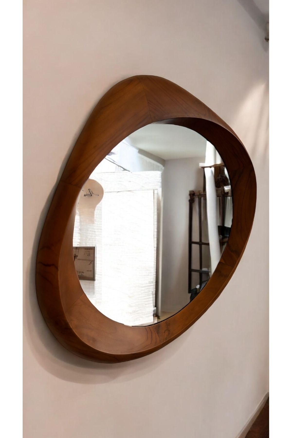 VERSA Masif ahşap asimetrik ayna 70 cm,masif ahşap duvar aynası,