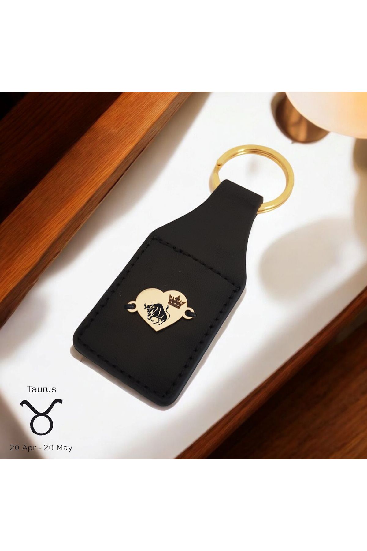 ARCHINO GOLD Boğa Burçlarına Özel Doğal Derili Kalp Motifli 14 Ayar Altın Plakalı Hediye Anahtarlık-488burç