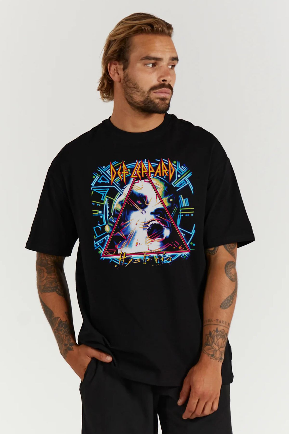 MODA Def Leppard Heavy Metal Baskılı Oversize Kalıp Siyah Geniş Bol Kesim Erkek Tişört