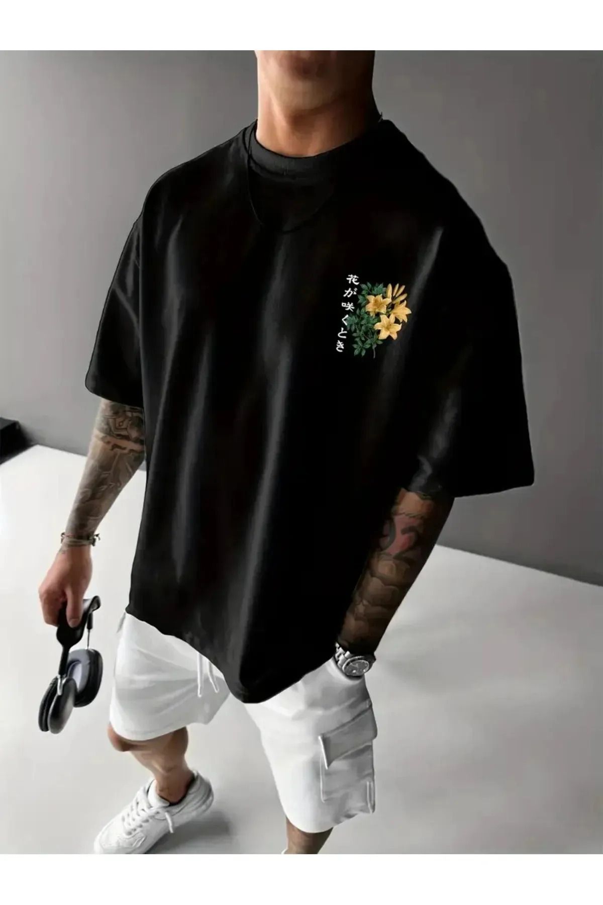 Koklonmoda Unisex Ay&Çiçek Baskılı Oversize T-Shirt