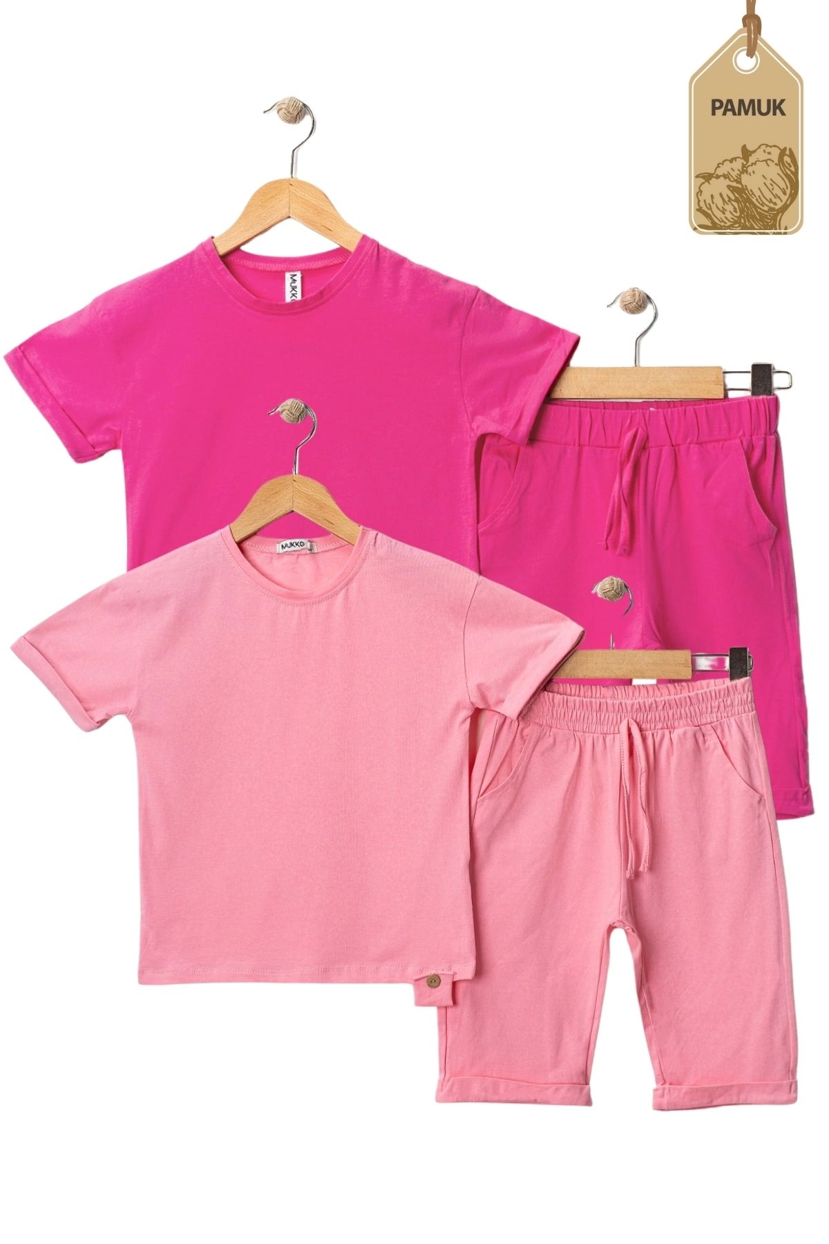 MK Mukko Kids Kız Erkek Çocuk 2'Li Set Tahta Düğmeli Tasarım Basic Yazlık Alt Üst Takım (Pembe Fuşya)