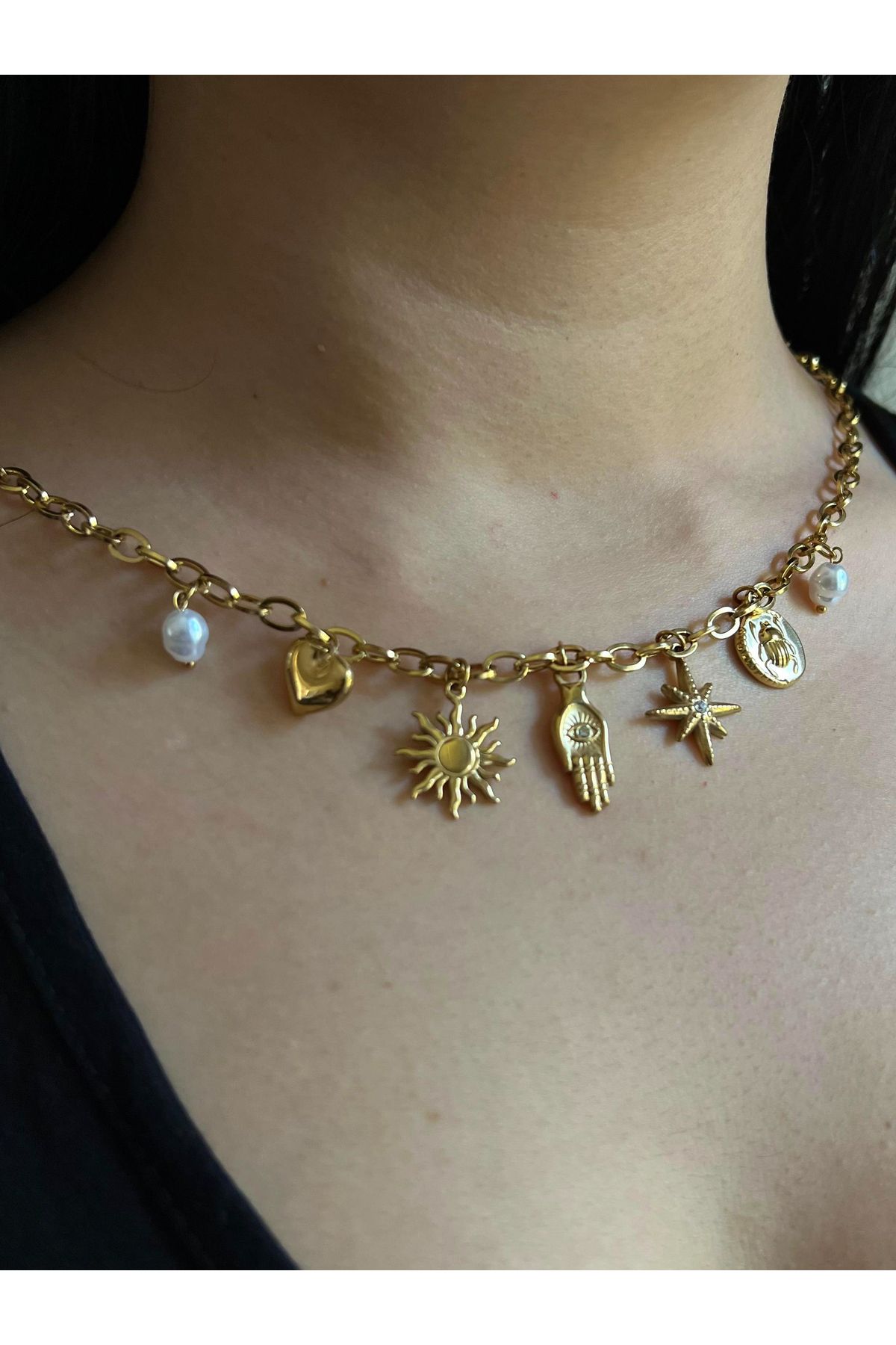 MODA Hamsa Güneş Kalp Kuzey Yıldızı İnci Charmlı Çelik Kolye