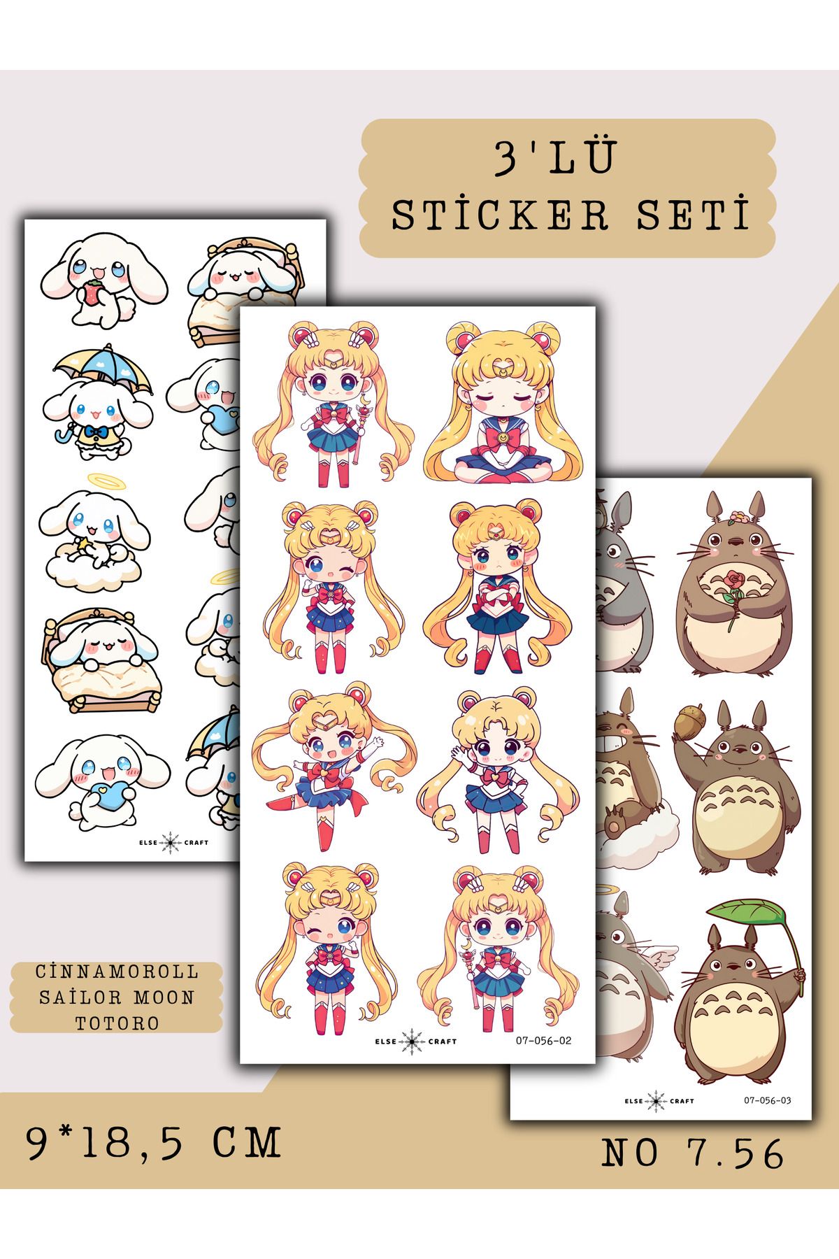 Else Craft 3'lü Cinnamoroll - Sailor Moon - Totoro Anime Manga Temalı Sticker 7.56