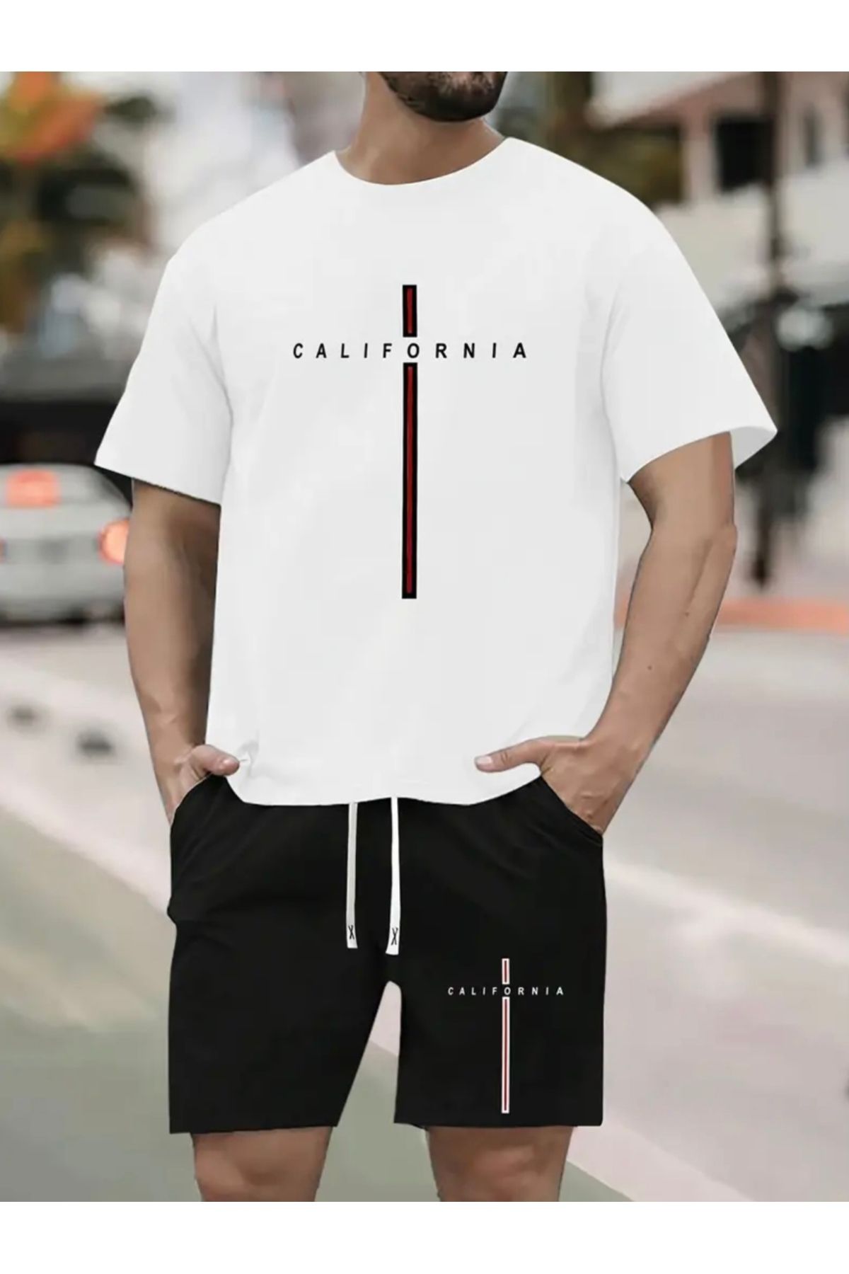 PUNIX BÜYÜK BEDEN ÖZEL TASARIM DİKEY CALİFORNİA BASKILI MODERN BATTAL ERKEK T-SHIRT ŞORT TAKIMI