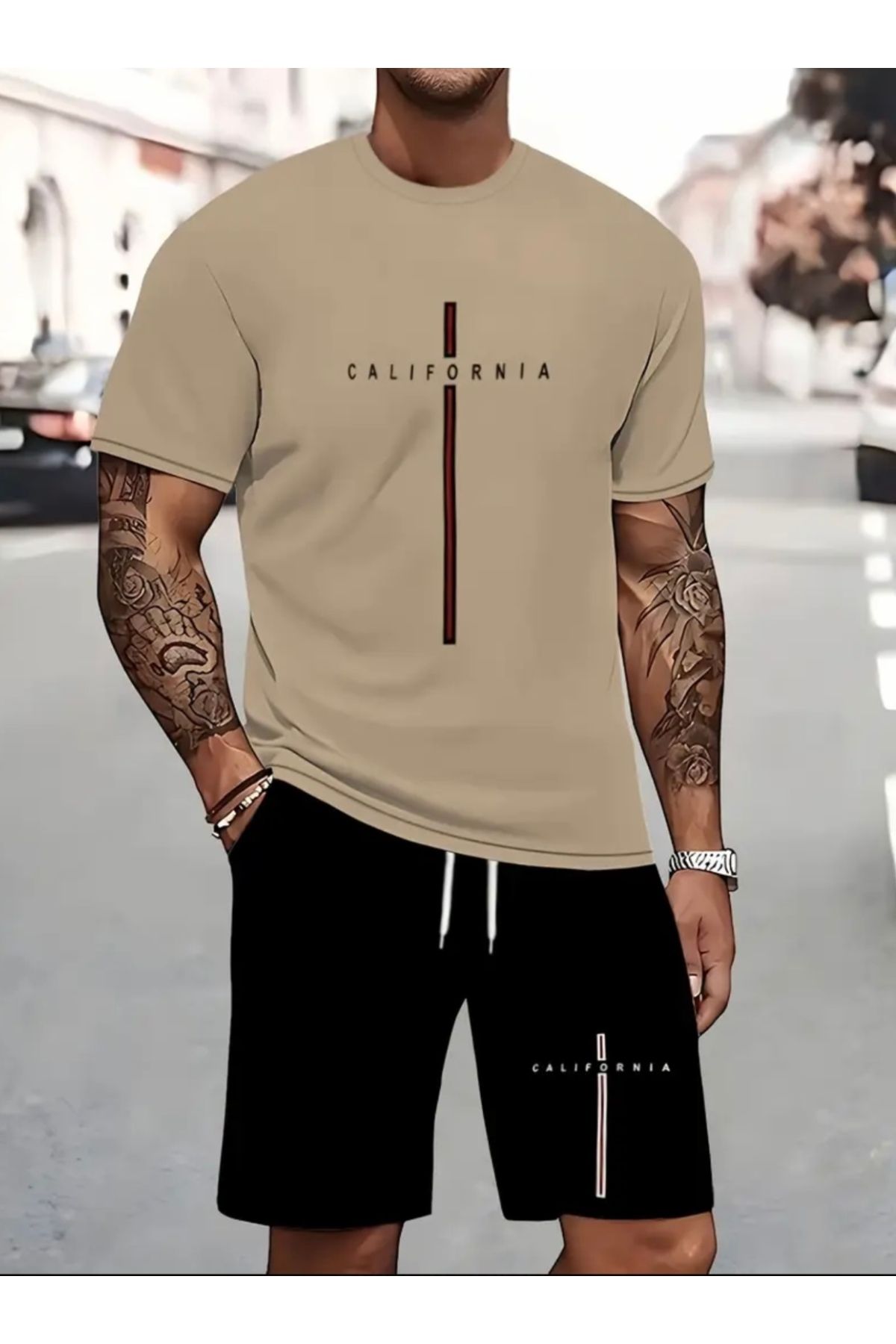 PUNIX BÜYÜK BEDEN ÖZEL TASARIM DİKEY CALİFORNİA BASKILI MODERN BATTAL ERKEK T-SHIRT ŞORT TAKIMI