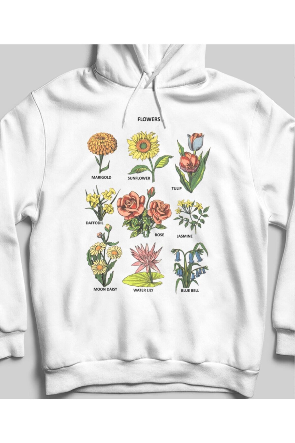 Pisa Art Flowers Beyaz Cepsiz Kapşonlu Sweatshirt