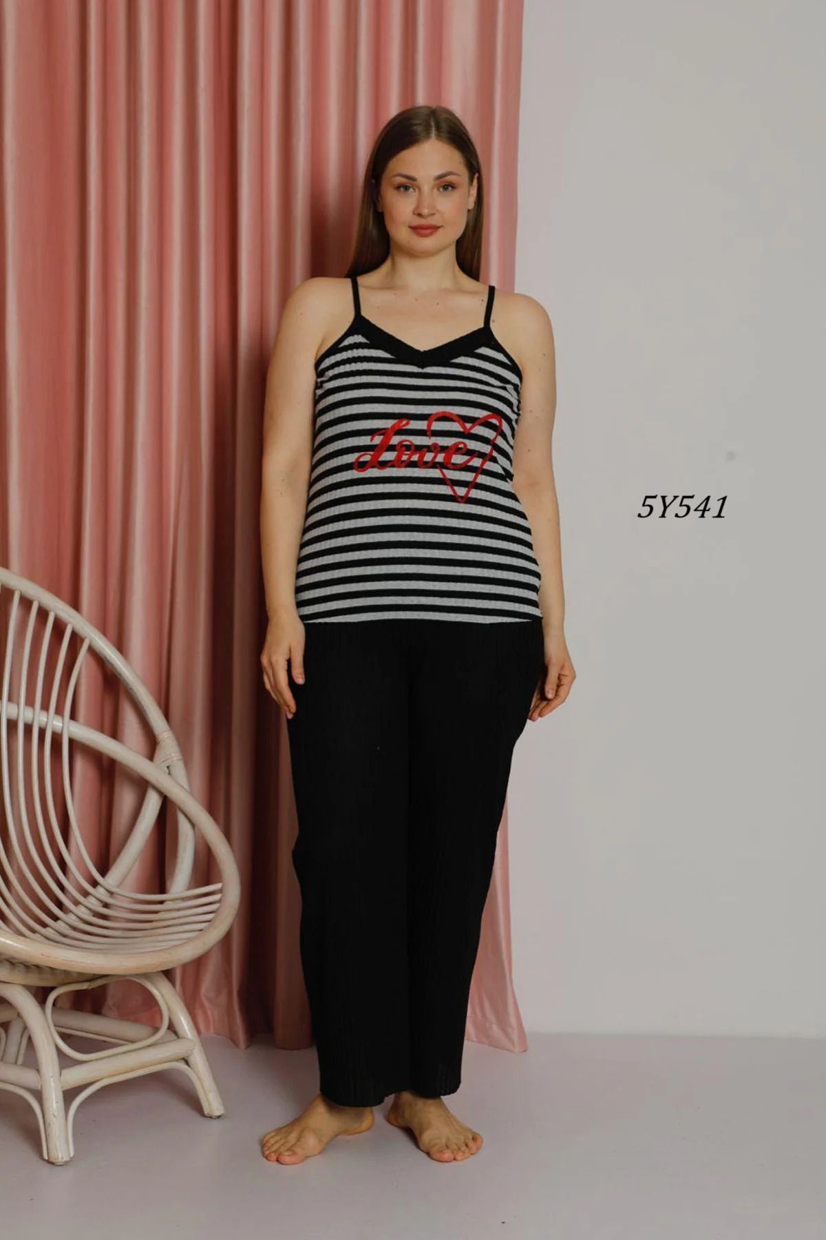 Remon Büyük Beden İp Askılı Çizgili Pijama Takımı 5Y541