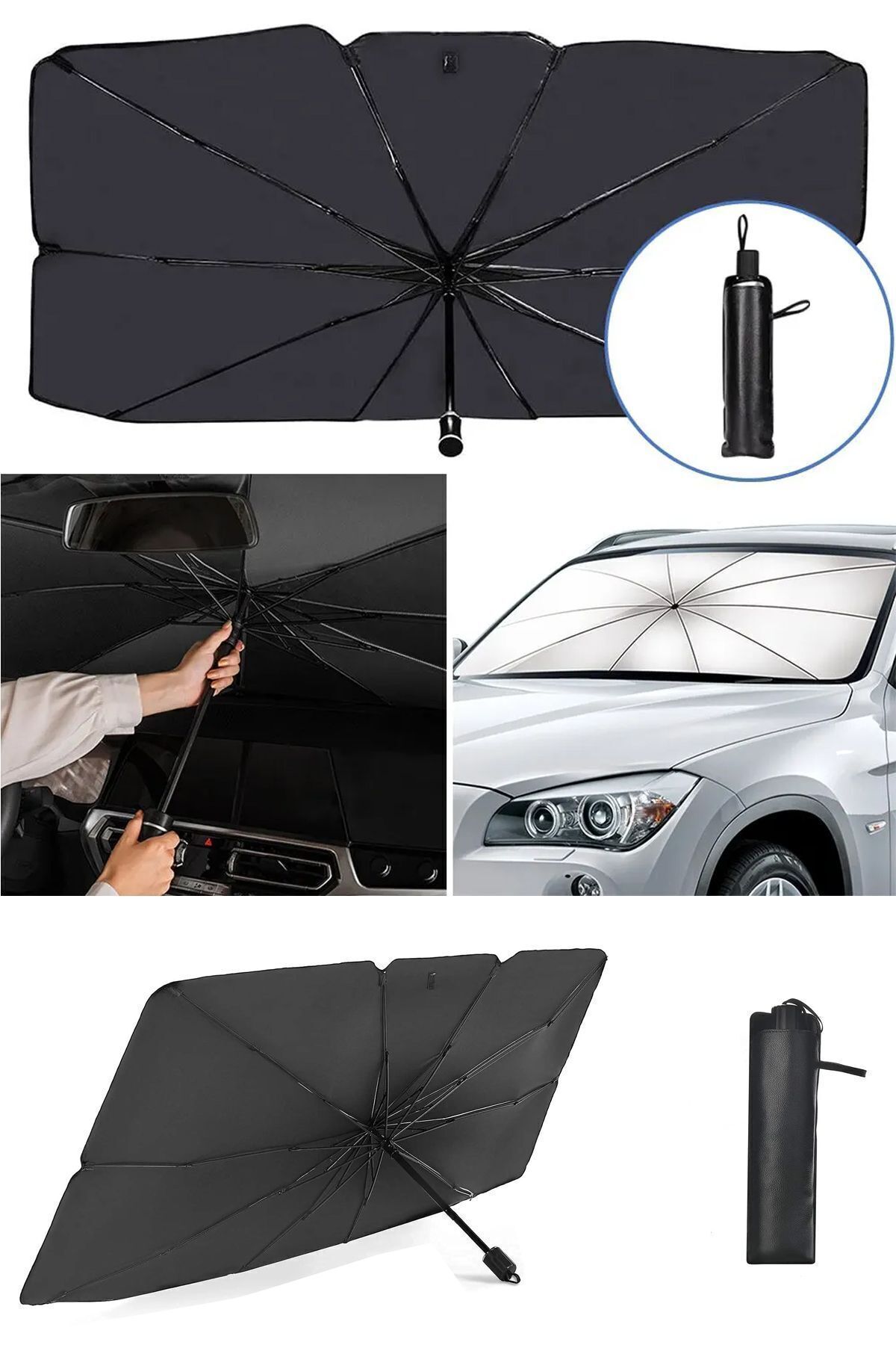 devigo Katlanabilir Oto Ön Cam Güneşlik Şemsiye Tip 140x75 cm Güneş Koruyucu Isı Yalıtımlı Araç Gölgelik