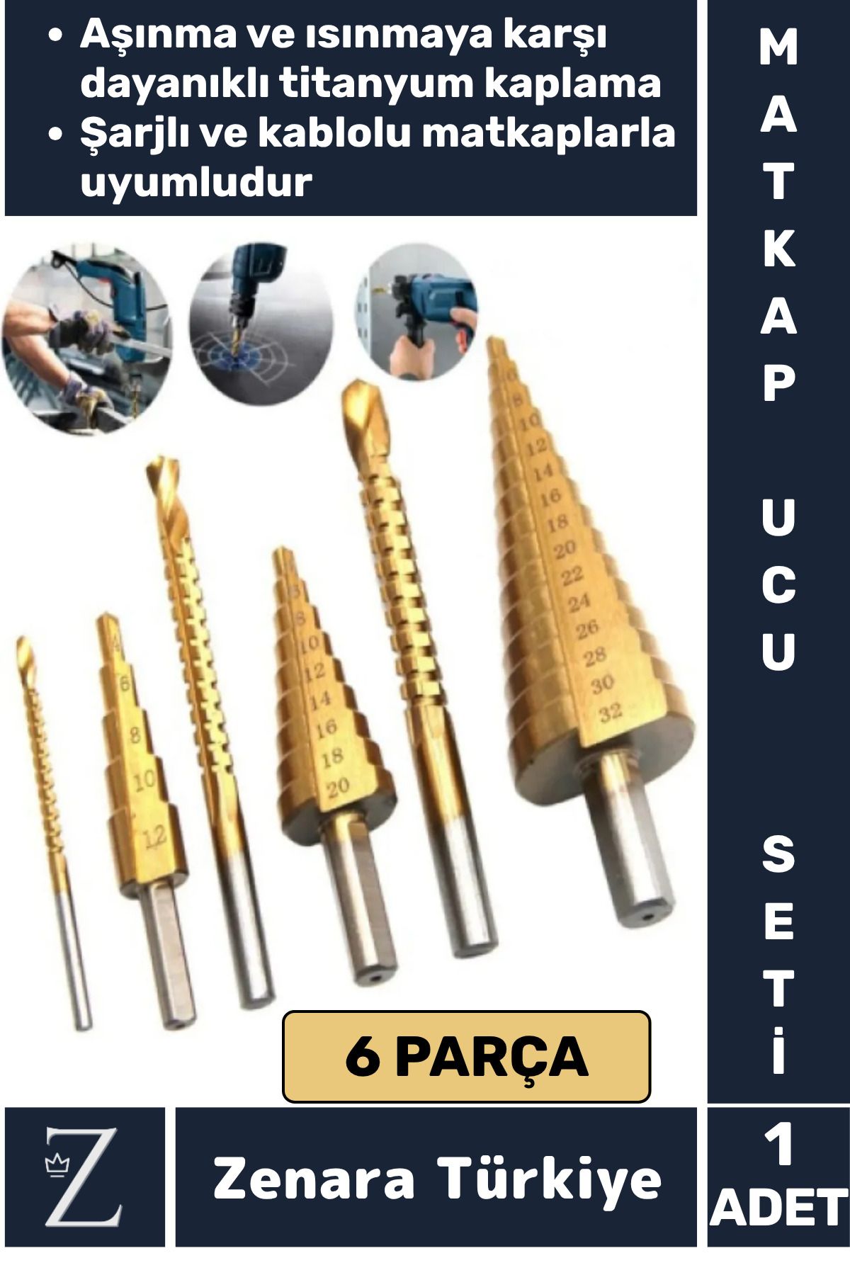 Zenara Kablolu Şarjlı Matkap Uyumlu Isı Aşınma Dayanıklı Ahşap Metal Plastik 6'lı Kademeli Matkap Ucu Seti
