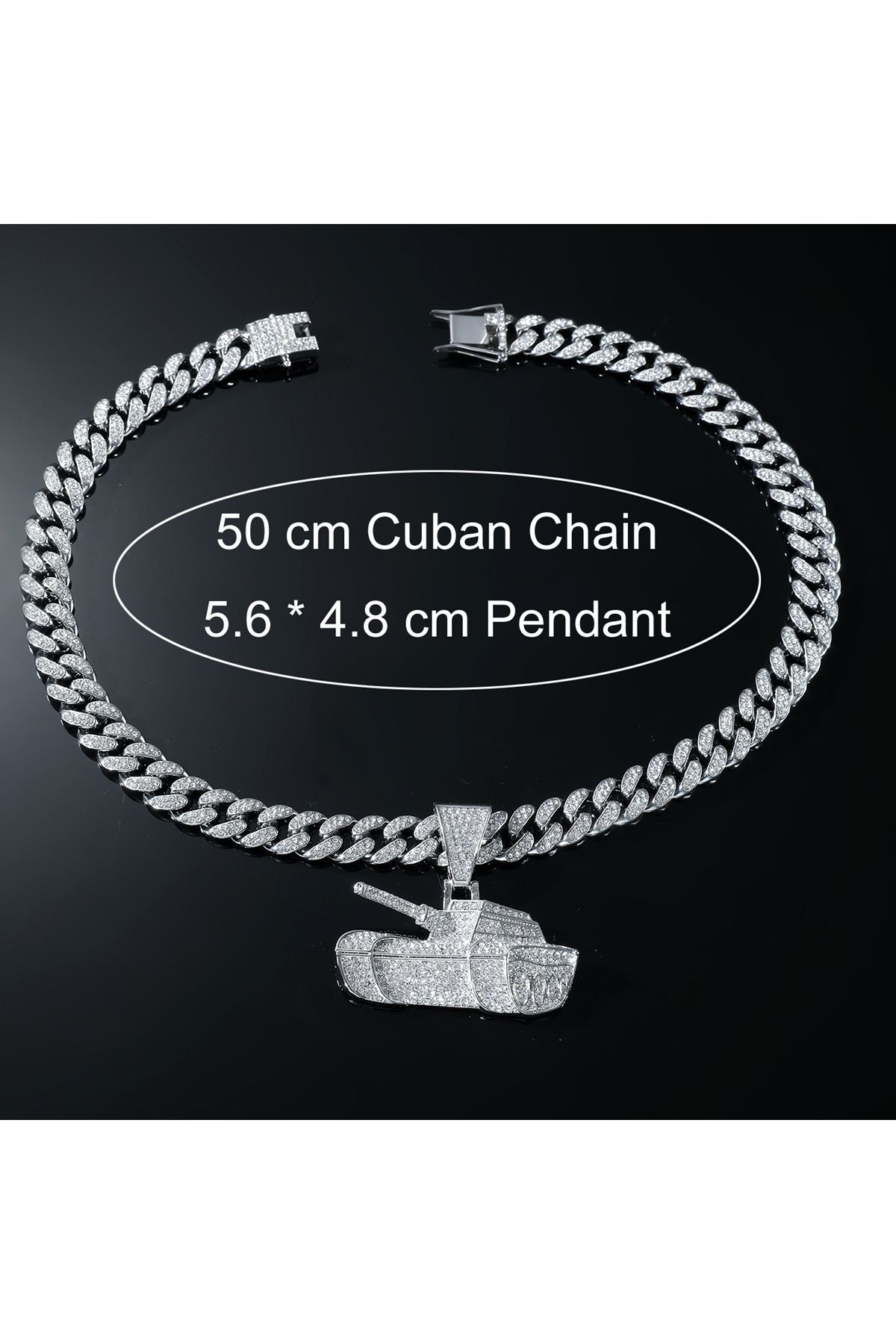 Tessero-Lant model Cuban Chain cu pandantiv Hip Hop in forma de tanc, pietre zirconiu, placat cu aur 18K, un 1