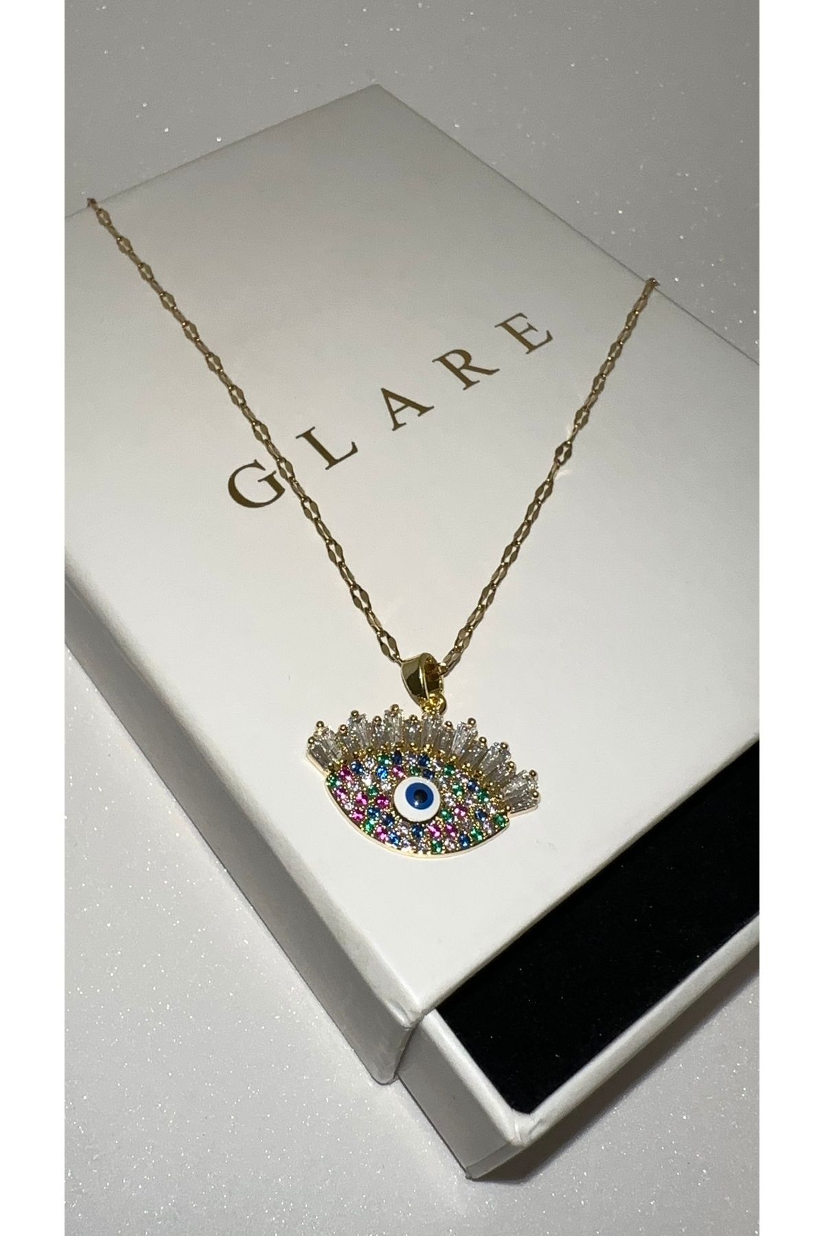 GLARE JEWELRY Göz Model Renkli Taş 14k Altın Renginde Lüks Kuyumcu Modeli Zincir Çelik Kolye