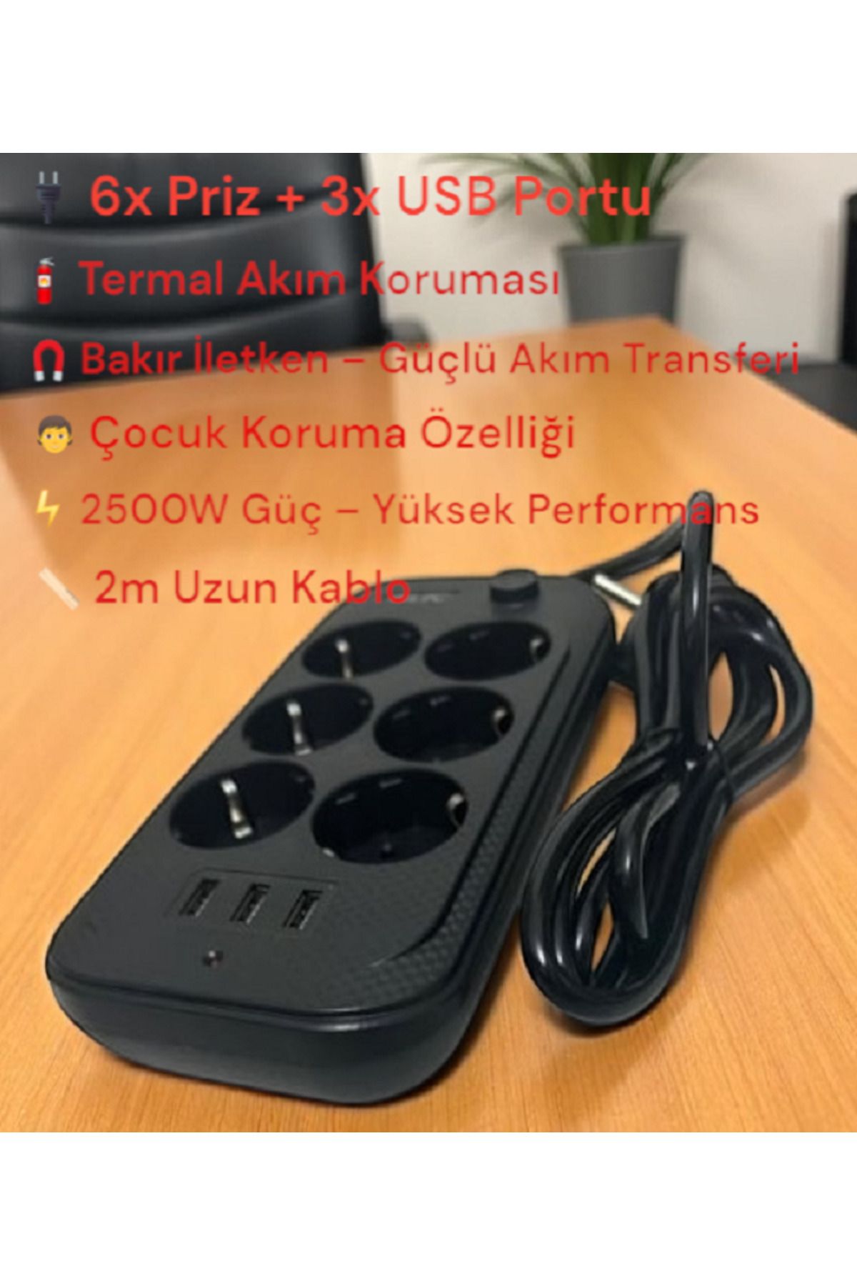 Kılıforyum Termal Akım Korumalı 6'lı Priz – 3x USB Girişli – 2m Kablo – 2500W – Çocuk Koruma & Isı Dayanımı