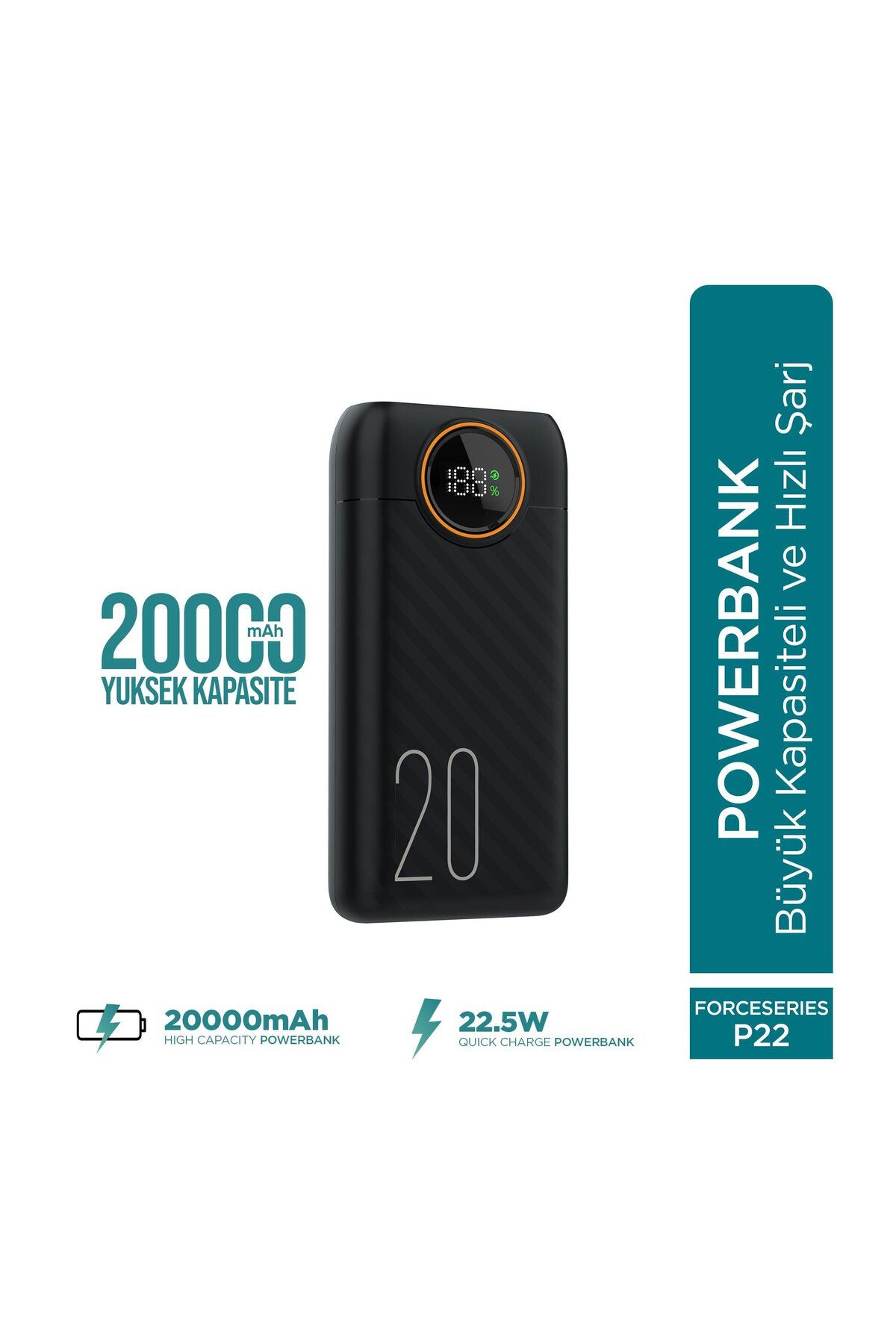 Phixi Force P22 20000mAh 22.5W Hızlı Şarj Cihazı - Dijital Ekran - Taşınabilir Şarj Cihazı