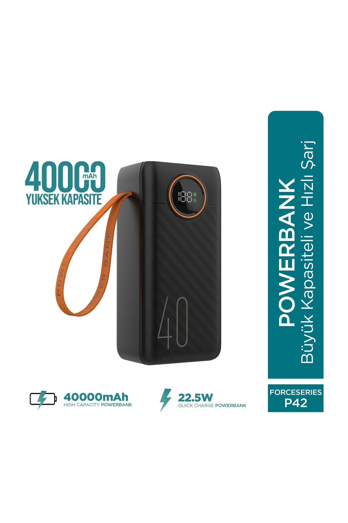 Phixi Force P42 40000mAh 22.5W Hızlı Şarj Cihazı - Dahili Kablolu - Taşınabilir Şarj Cihazı