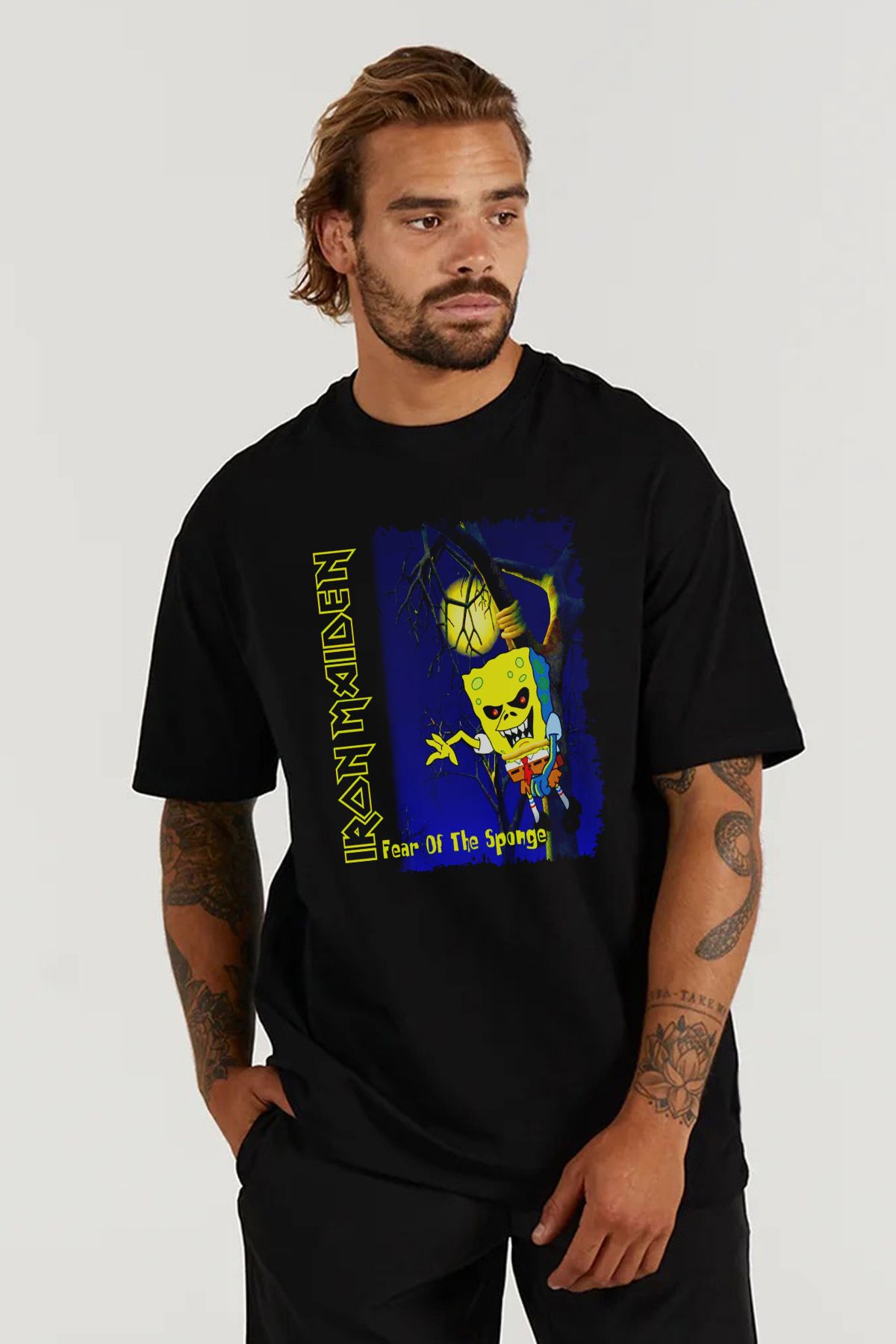 MODA iron Maiden Sünger Bob Heavy Metal Baskılı Oversize Kalıp Siyah Geniş Bol Kesim Erkek Tişört