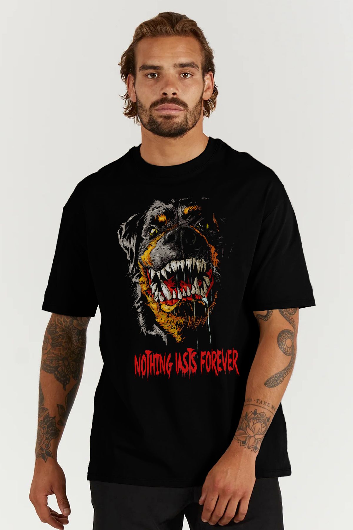 MODA Rottweiler Nothing Lasts Forever Baskılı Oversize Kalıp Siyah Geniş Bol Kesim Erkek Tişört