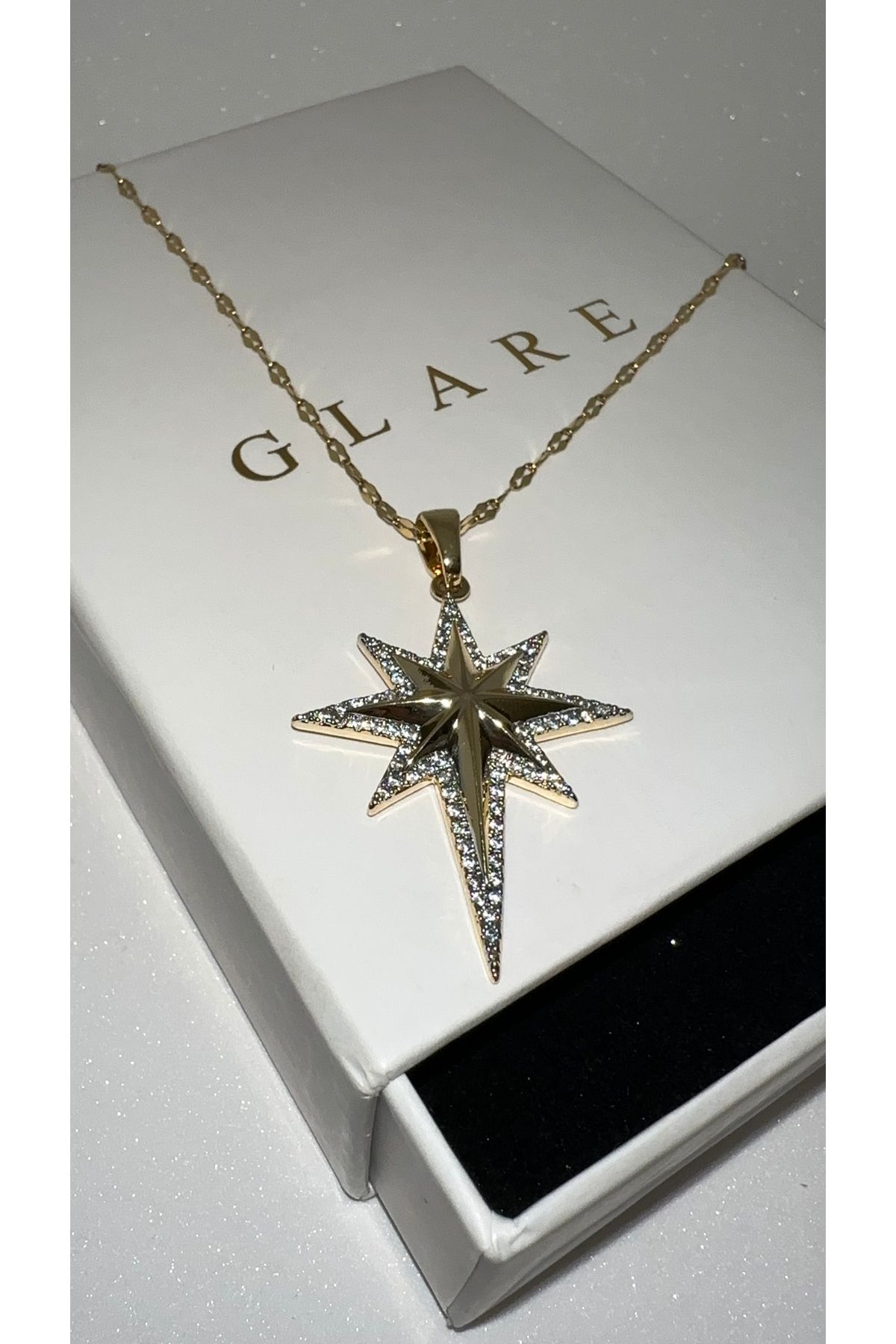GLARE JEWELRY Kuzey Yıldızı Model Zirkon Taş 14k Altın Renginde Lüks Kuyumcu Modeli Zincir Çelik Kolye