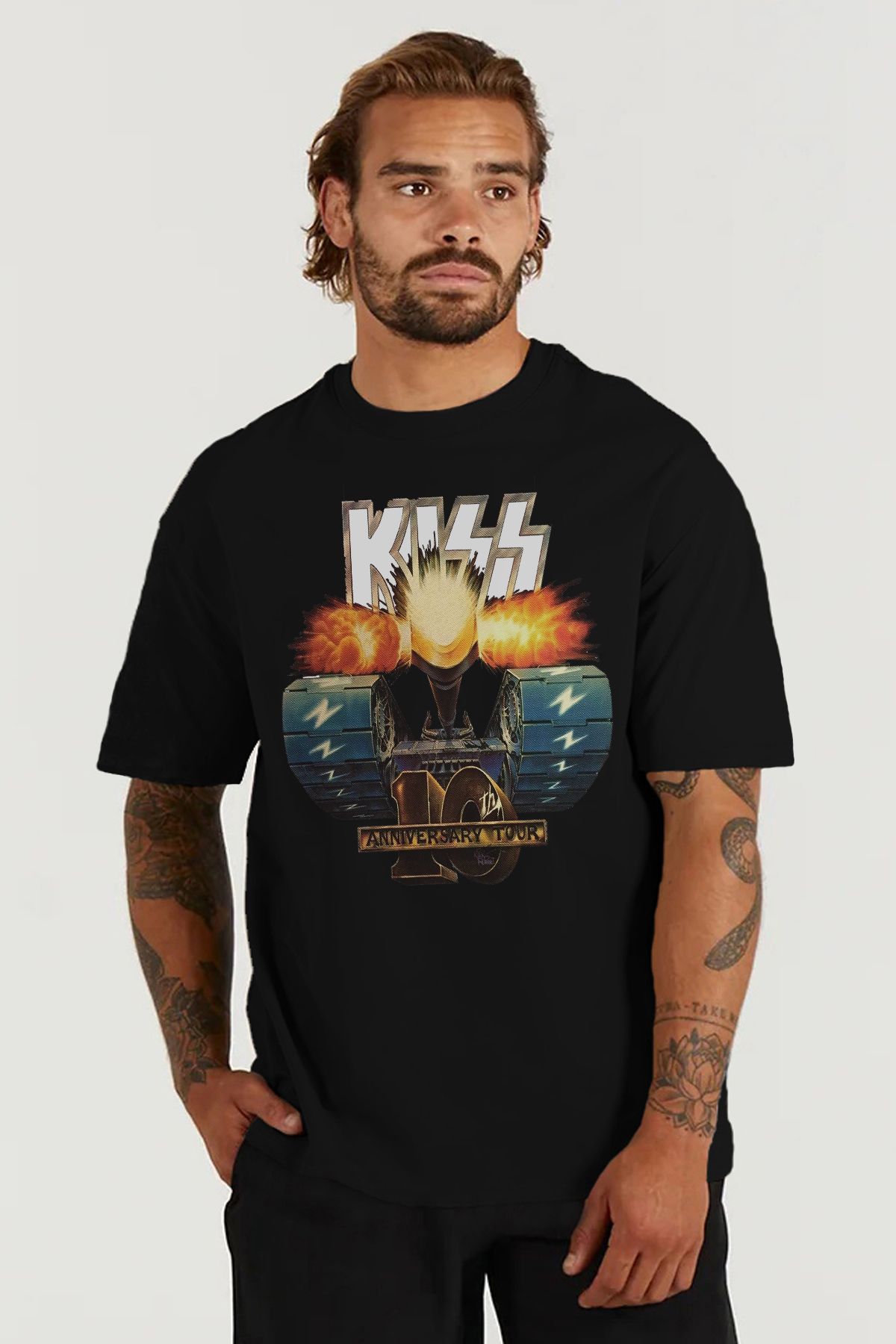 MODA Kiss Hard Rock Baskılı Oversize Kalıp Siyah Geniş Bol Kesim Erkek Tişört
