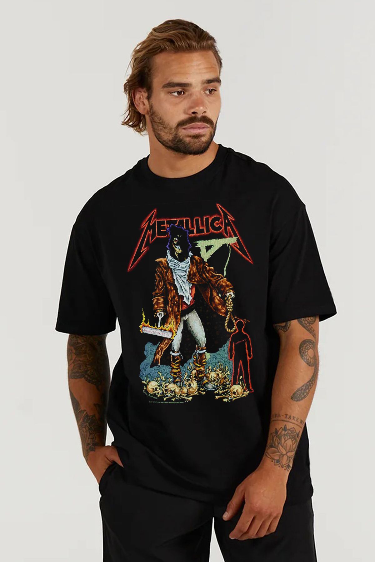 MODA Metallica Heavy Metal Baskılı Oversize Kalıp Siyah Geniş Bol Kesim Erkek Tişört