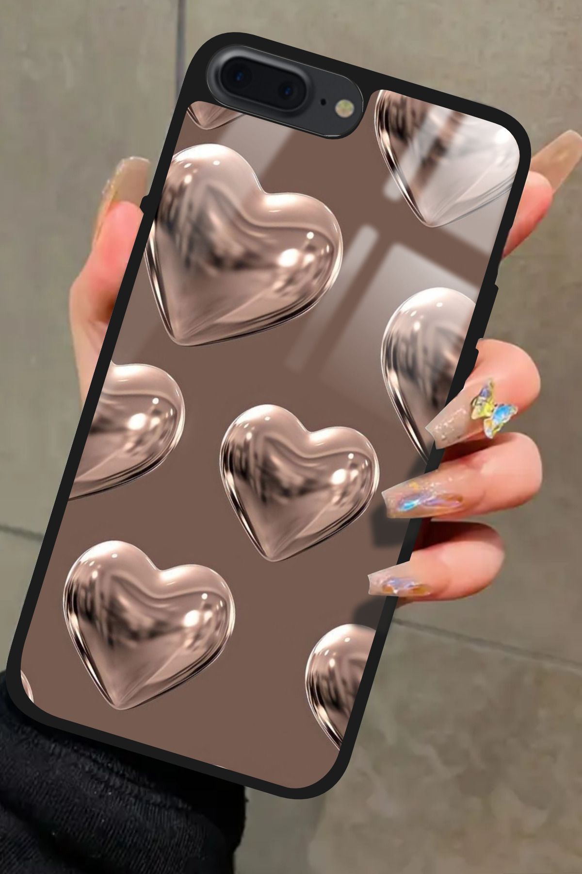 Snacase iPhone 7 Plus Uyumlu Kahverengi Kalp Tasarımlı Glossy Premium Kılıf