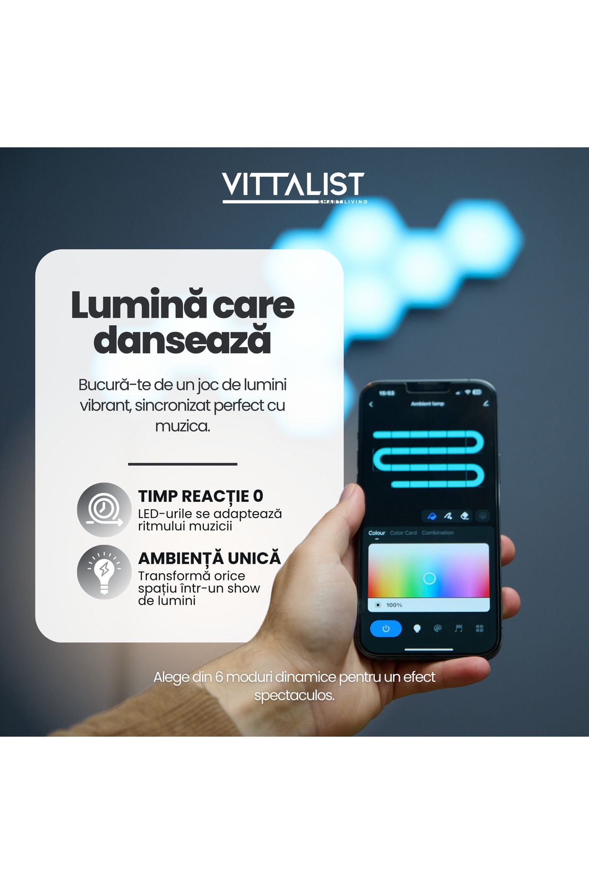 Vittalist-Kit LED inteligent RGBIC cu 15 panouri WiFi Bluetooth compatibil cu iOS, Android, Alexa, Google, Tuya 4