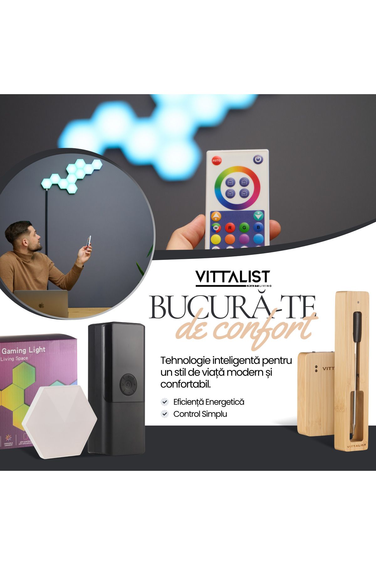 Vittalist-Kit LED inteligent RGBIC cu 15 panouri WiFi Bluetooth compatibil cu iOS, Android, Alexa, Google, Tuya 7