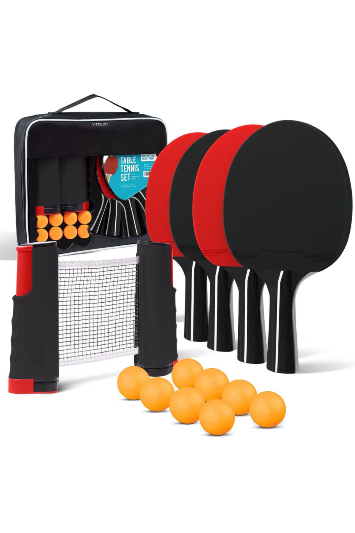 Vittalist-Complete Ping Pong Set, 4 Table Tennis Paddles, 8 Balls, Retractable Net and Carrying Bag, Red 1