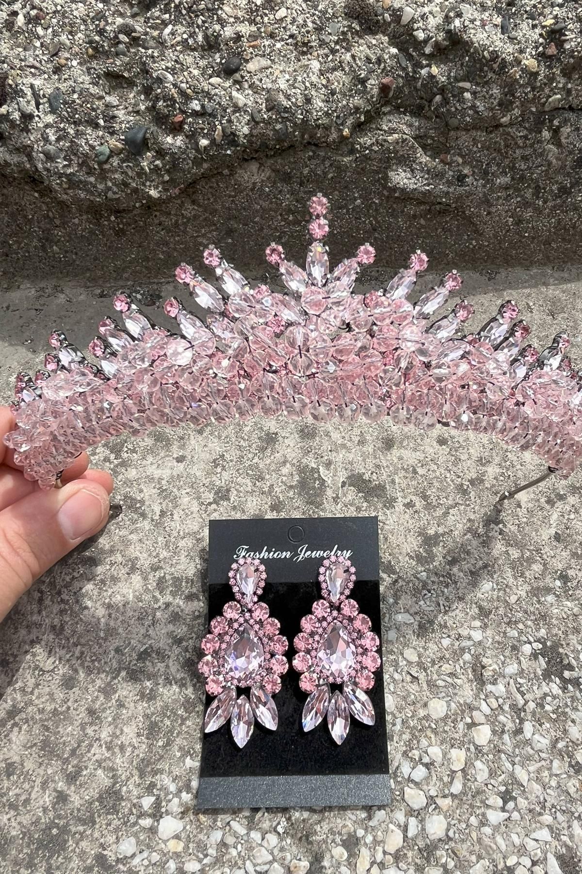 Hobigram Alyce Pembe Gelin Kına Tacı Özel Gün Aksesuar Kadın Taç Ve Üç Mekik Küpe Takımı