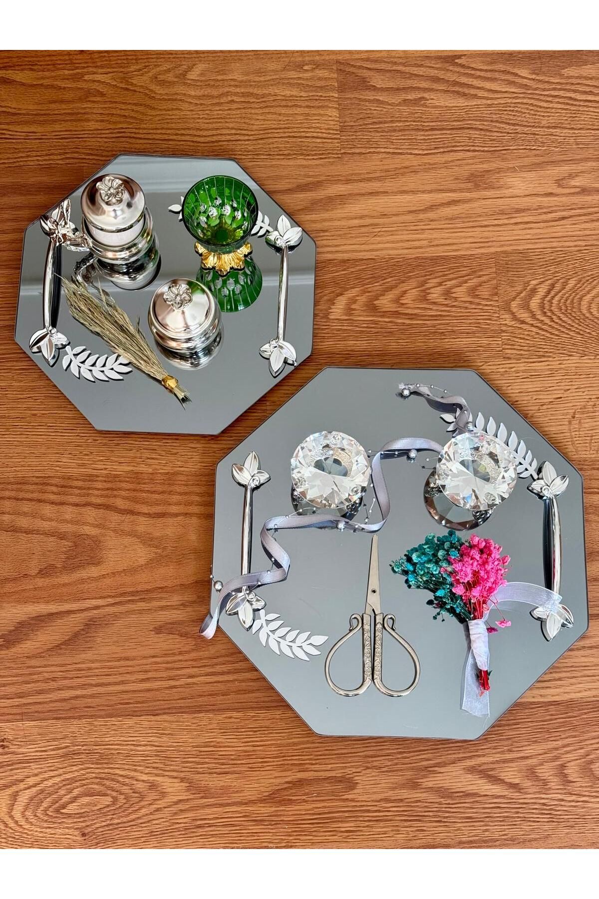 MODERN Sırmalı Aynalı Gümüş İkili Altıgen Söz Tepsi Nişan Tepsi Damat Kahve Tepsi