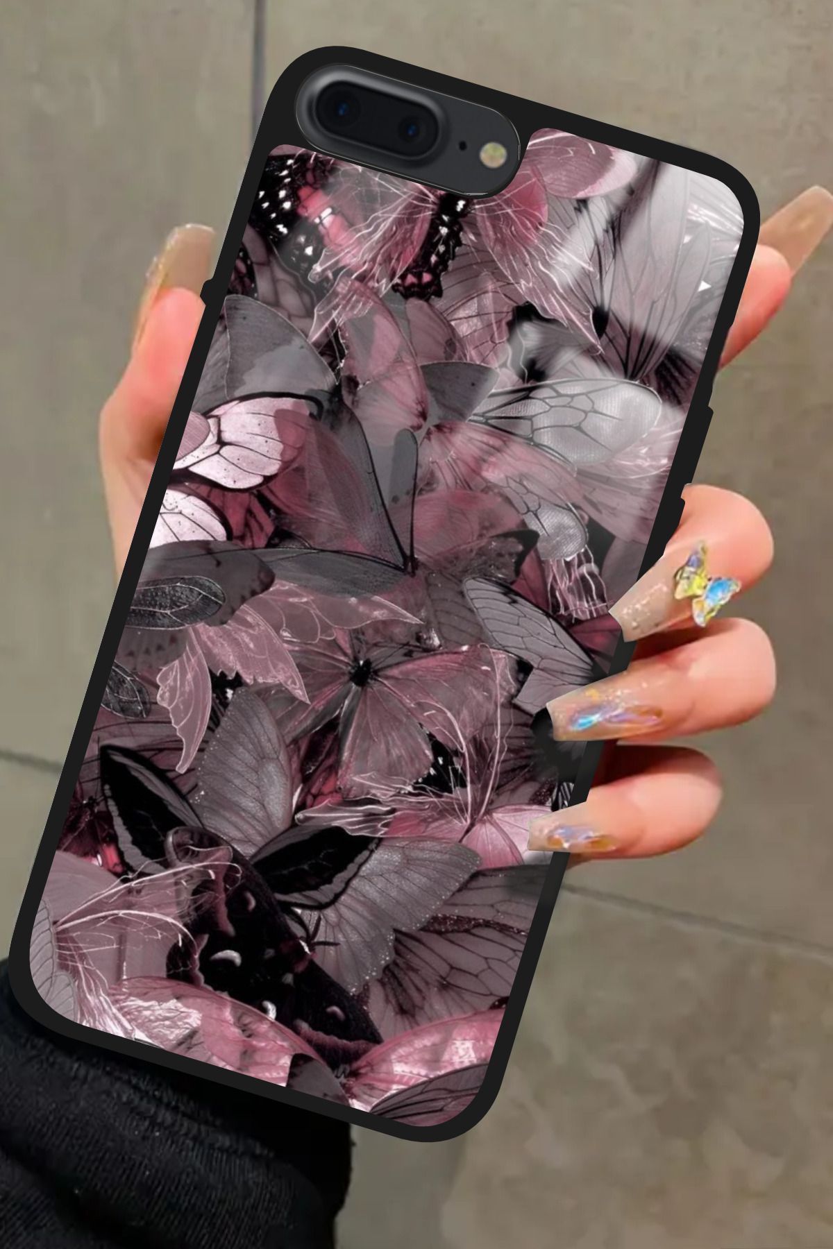 Snacase iPhone 7 Plus Uyumlu Pembe Kelebek Tasarımlı Glossy Premium Kılıf