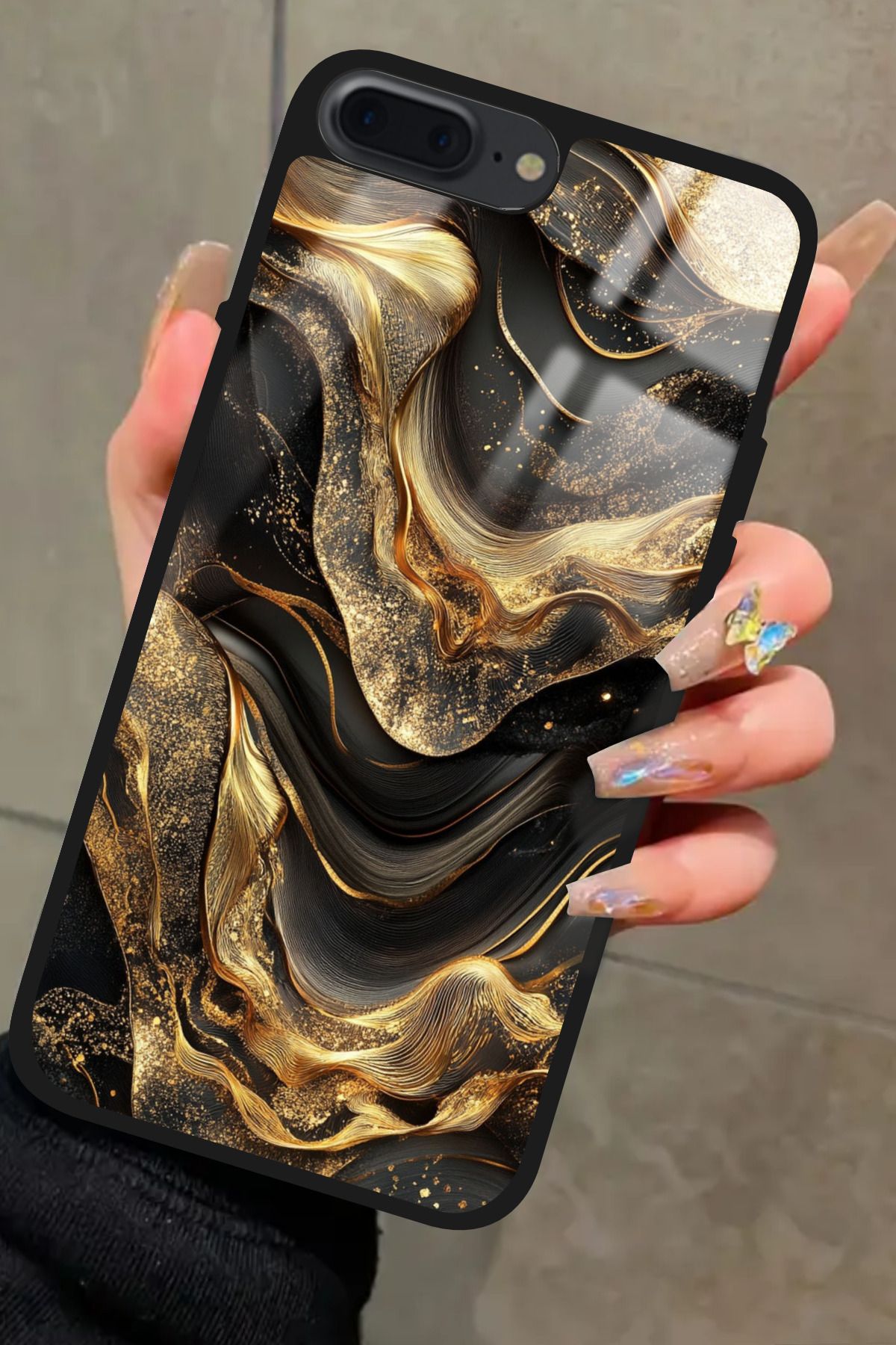 Snacase iPhone 8 Plus Uyumlu Siyah&Altın Mermer Tasarımlı Glossy Premium Kılıf