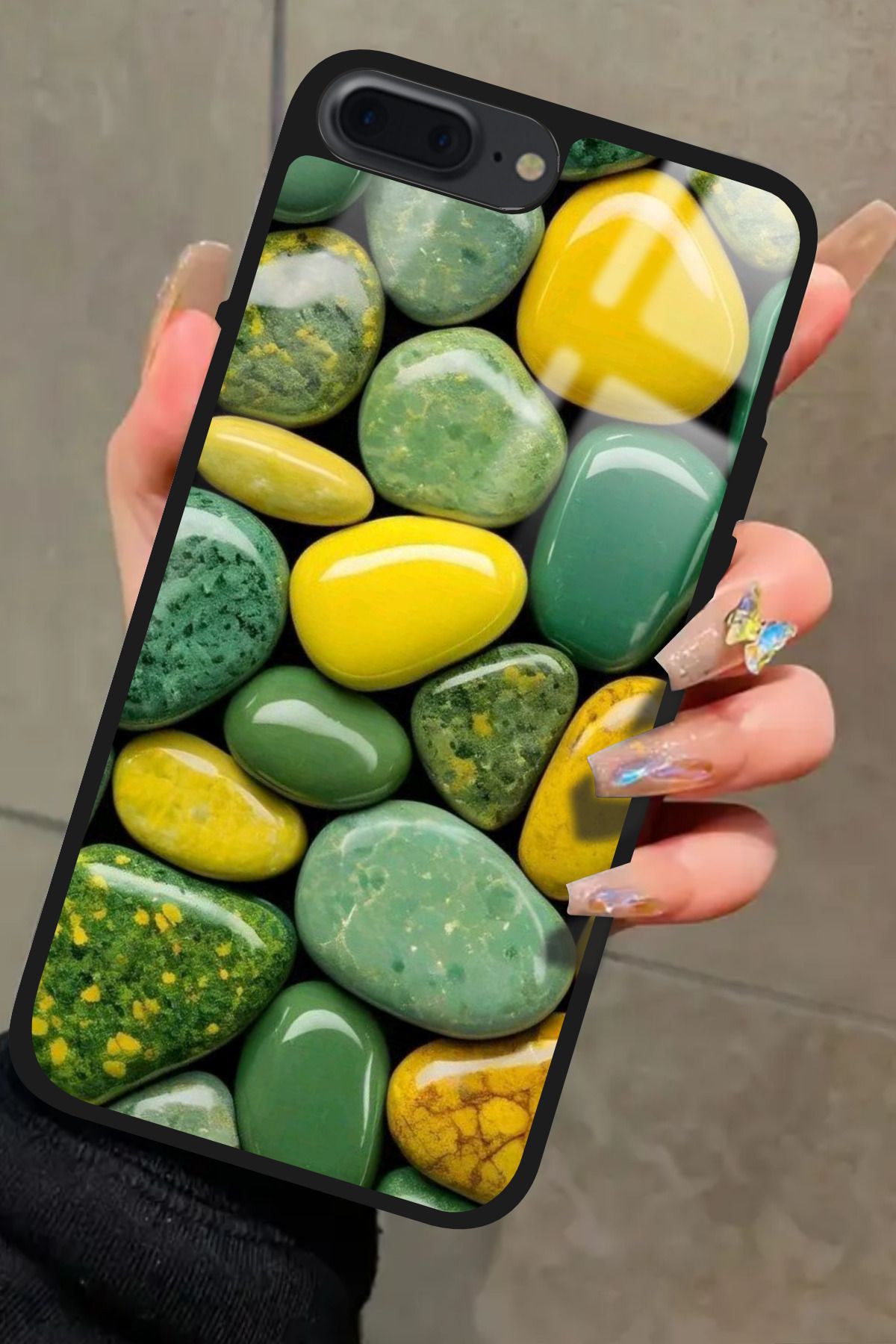 Snacase iPhone 8 Plus Uyumlu Yeşil&Sarı Taş Tasarımlı Glossy Premium Kılıf