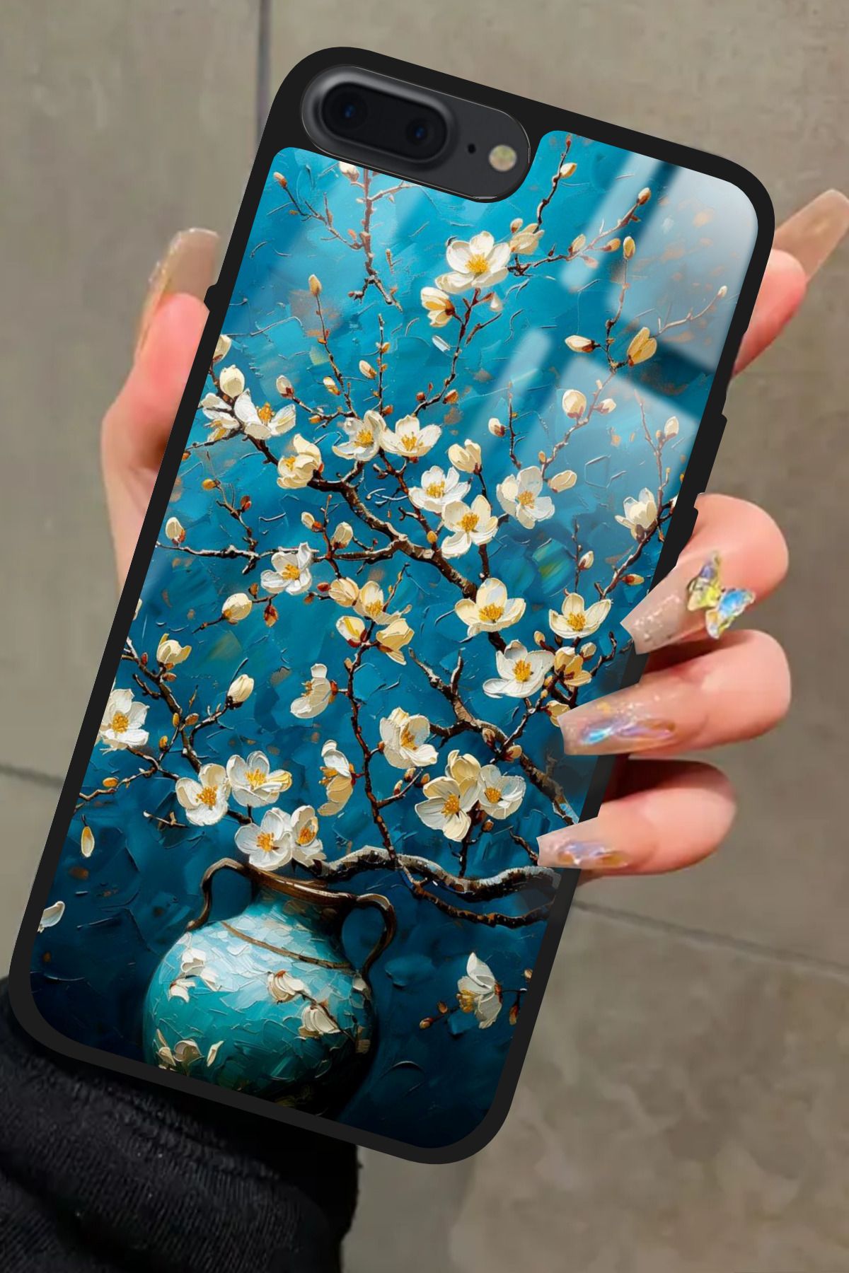 Snacase iPhone 8 Plus Uyumlu Van Gogh Mavi Ağaç Tablo Tasarımlı Glossy Premium Kılıf
