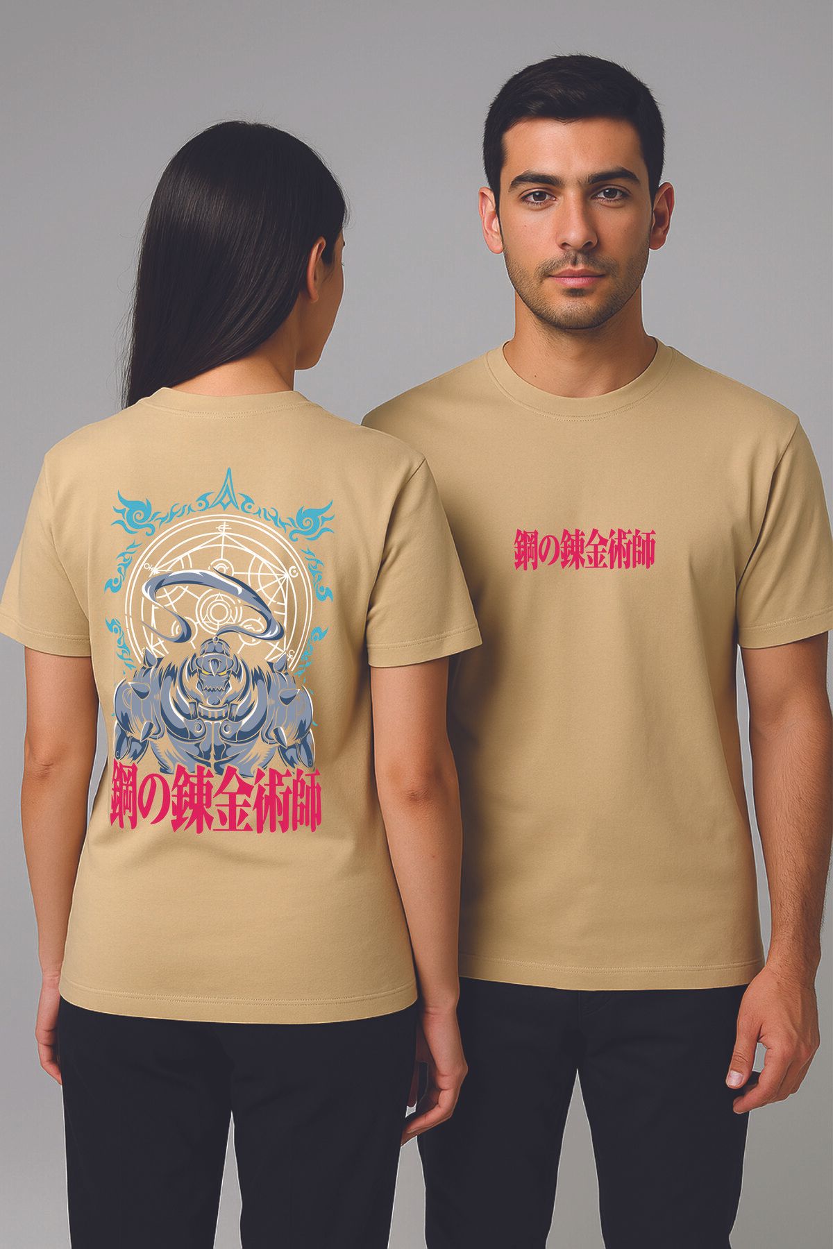 By Caspita Fashion Lenithra Fullmetal Alchemist Brotherhood Alphonse Sırt Baskılı Unisex Oversize Bej T-shirt