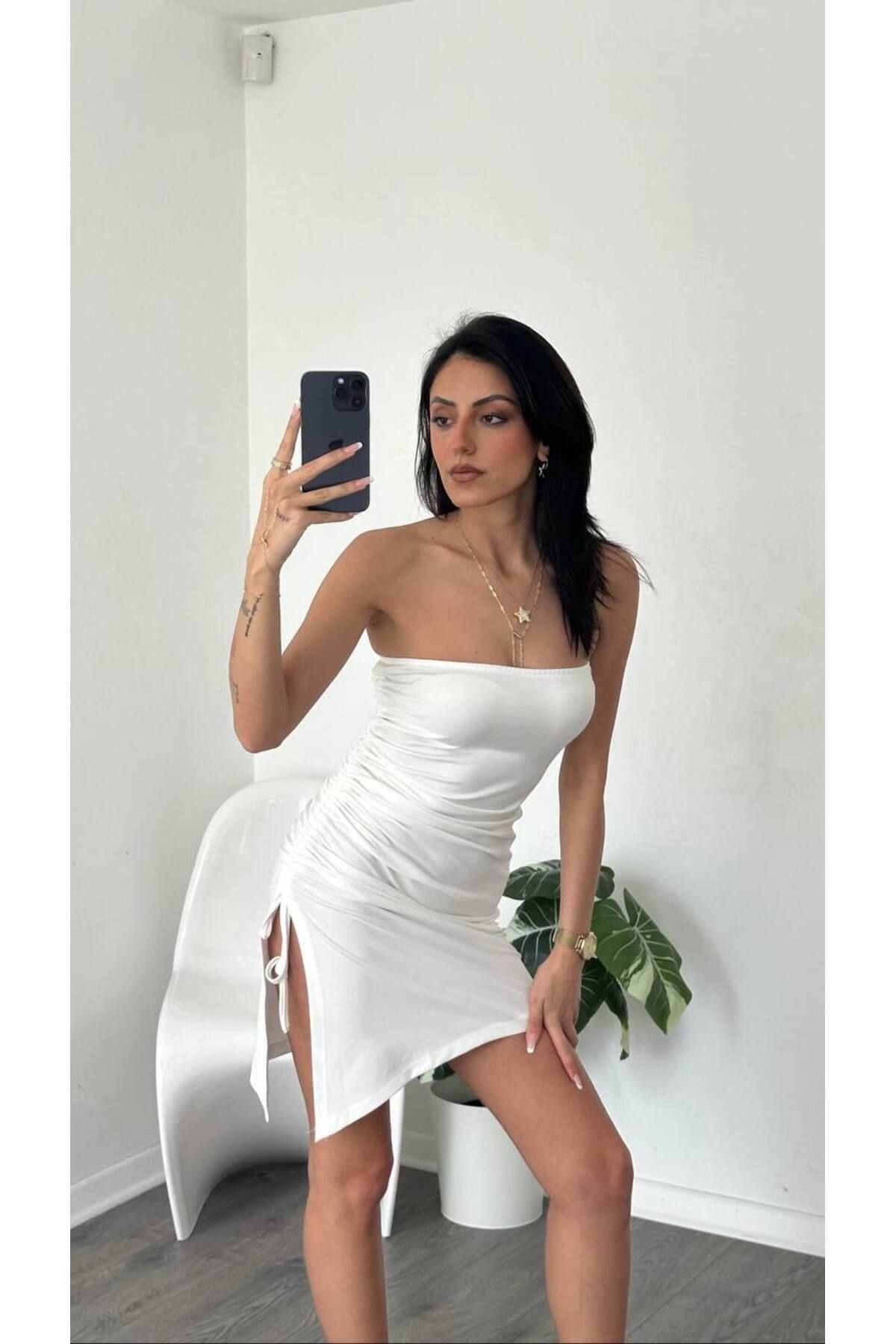 ayday butik Straplez büzgülü elbise