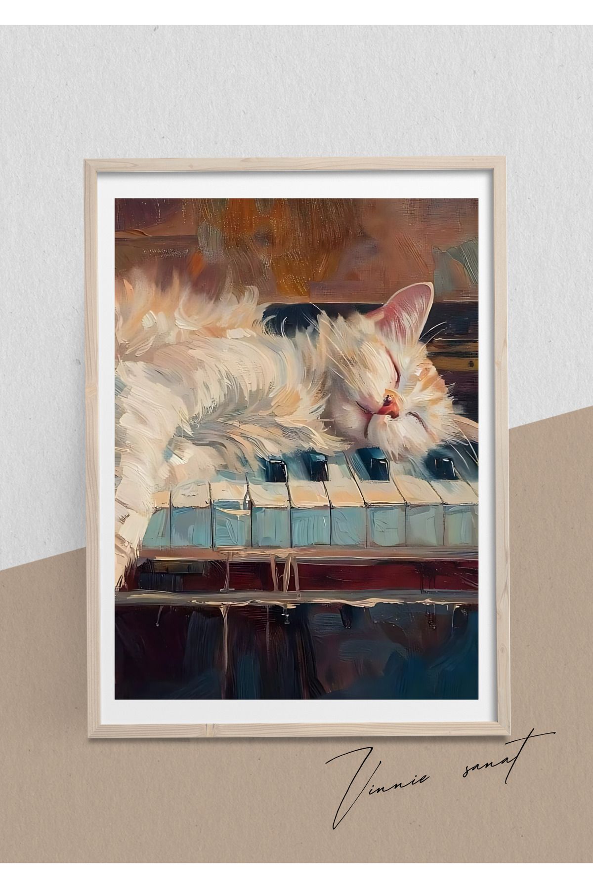 vinnie sanat Piyanist Kedi Ahşap Çerçeveli Tablo