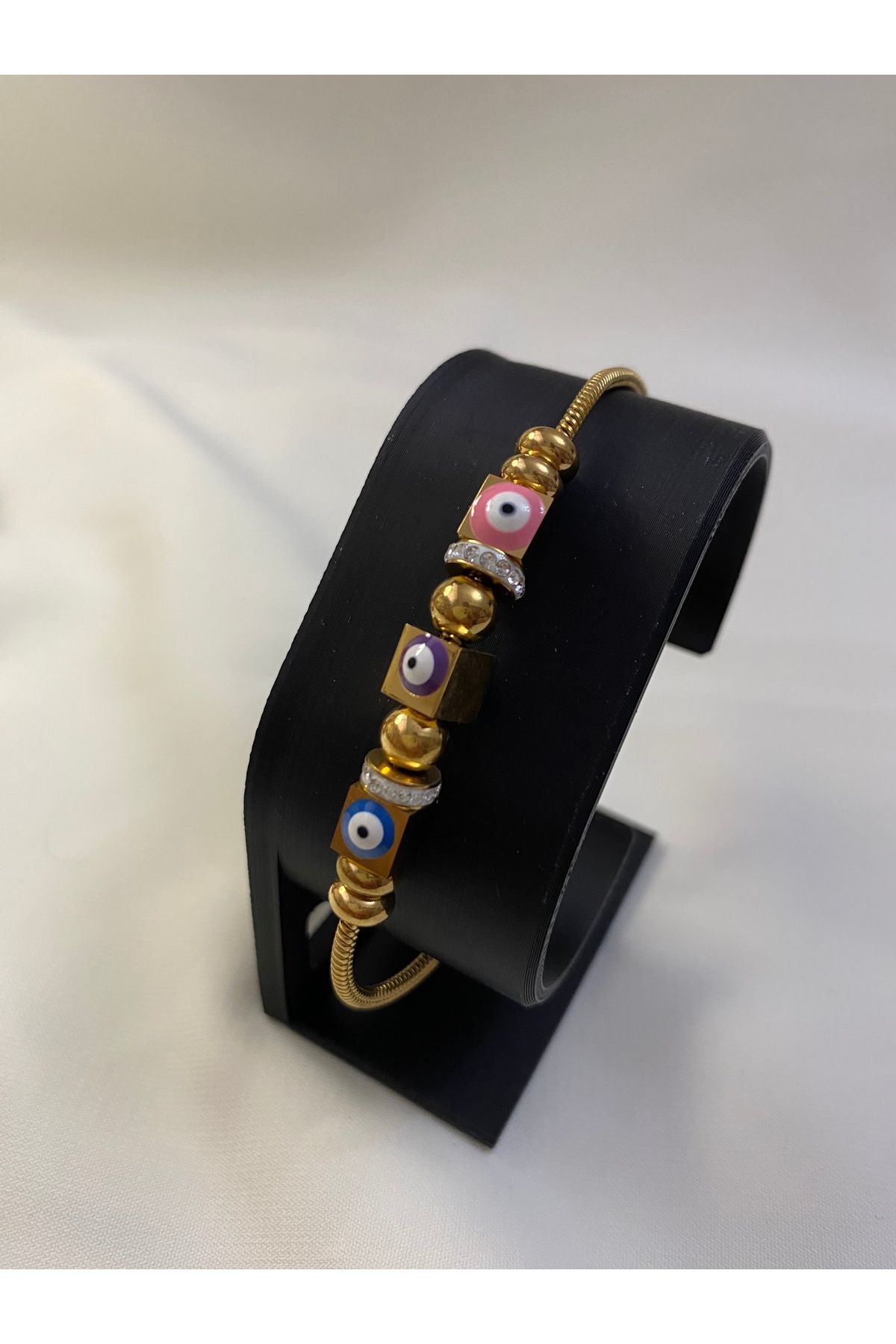 asem jewelry KARE BONCUKLU VE ZİRKON TAŞLI NAZAR TEMALI ÇELİK BİLEKLİK
