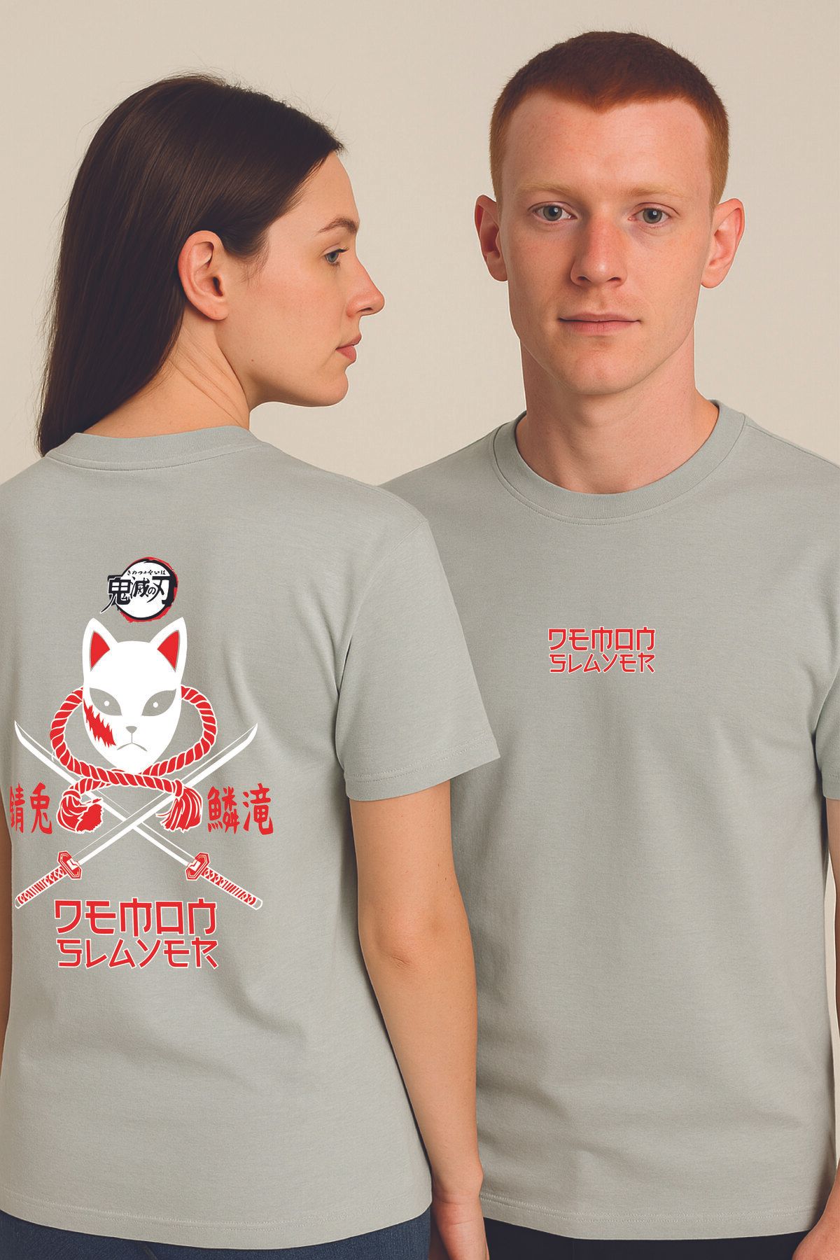 By Caspita Fashion Lenithra Demon Slayer Anime Sırt Baskılı Unisex Oversize Gri T-shirt