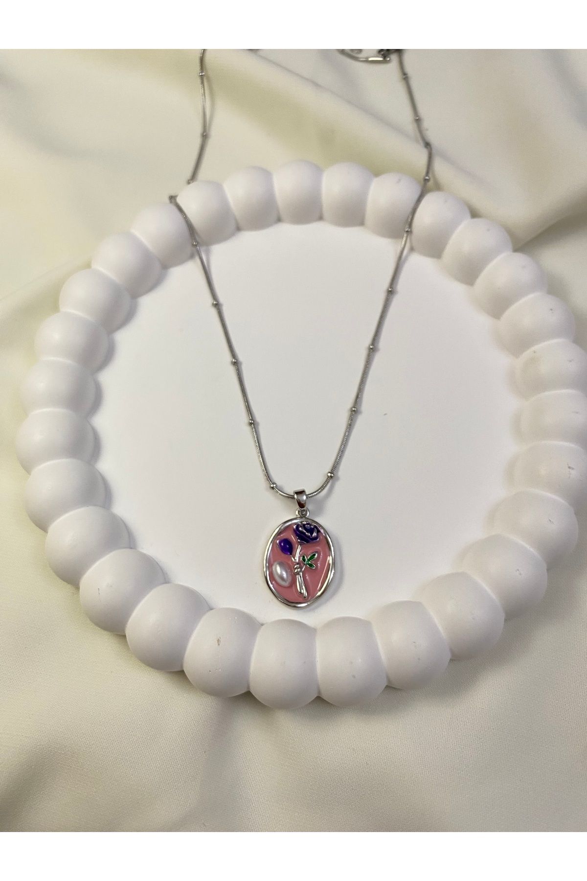 asem jewelry PEMBE MİNELİ MOR GÜL DETAYLI ÇELİK KOLYE