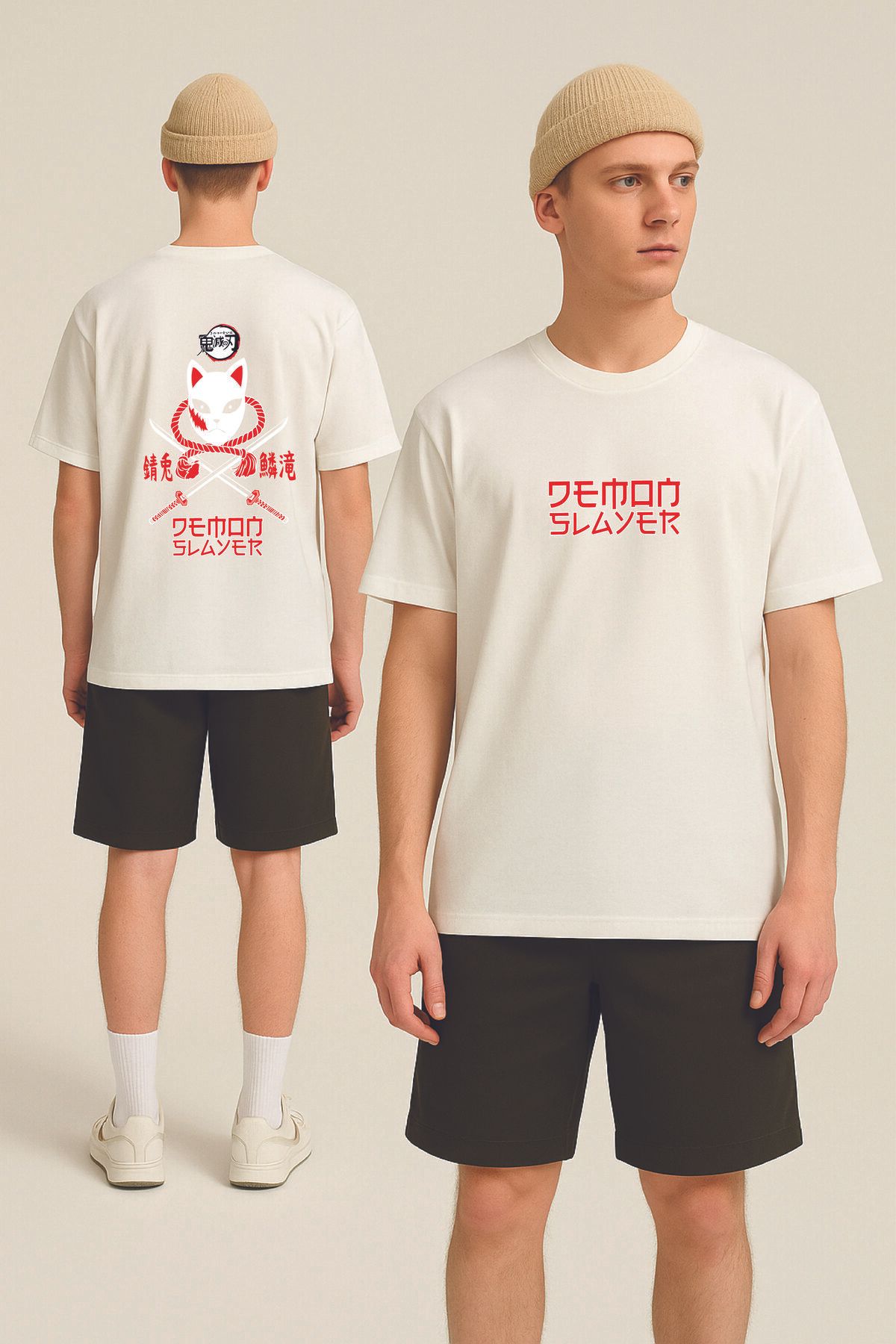 By Caspita Fashion Lenithra Demon Slayer Anime Sırt Baskılı Unisex Oversize Beyaz T-shirt