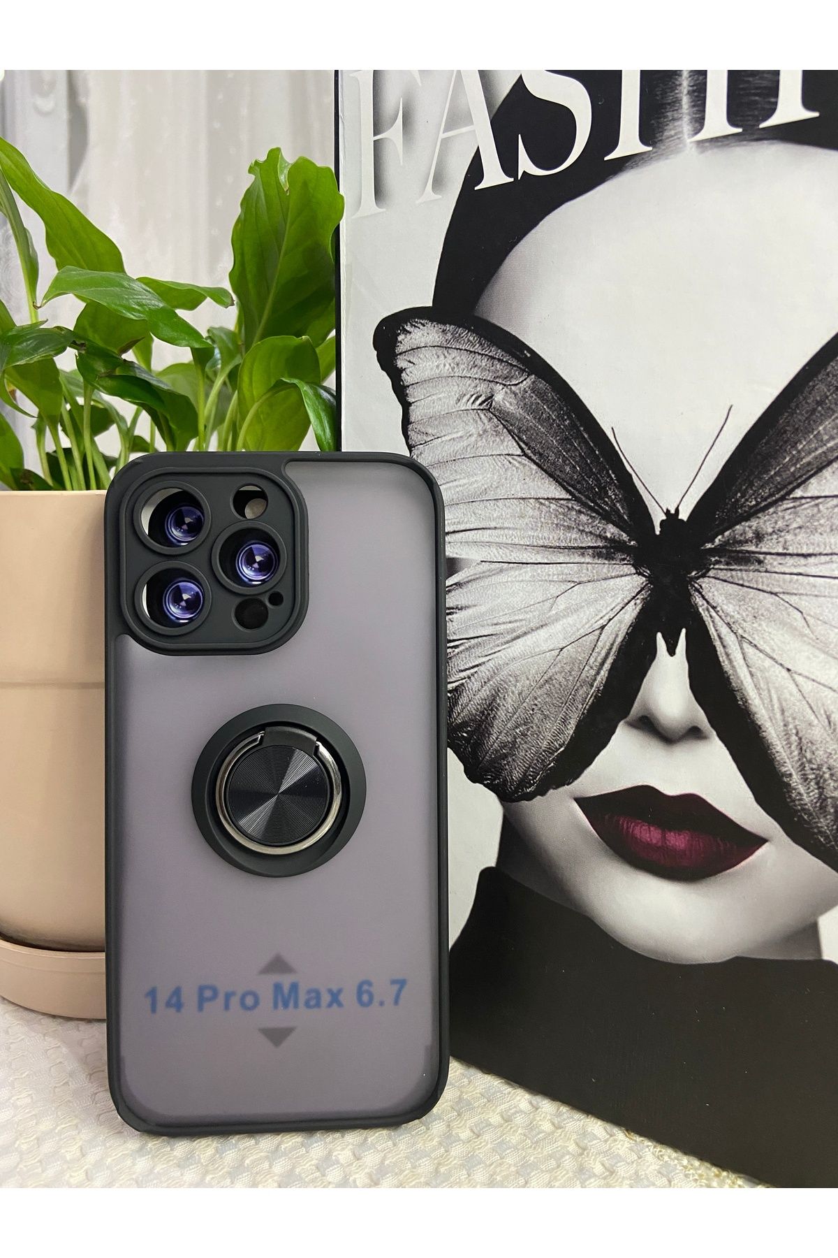 KILIF DEPOSU Apple iPhone 14 Pro Max Uyumlu Yüzüklü Siyah Kılıf