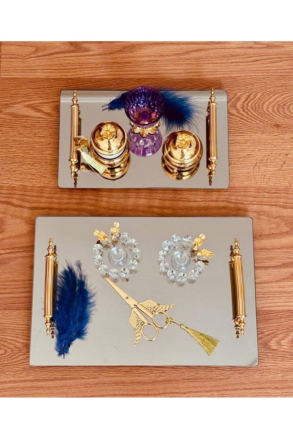 MODERN Gold Ayna İkili Söz Ve Nişan Tepsisi Damat Kahve Tepsisi