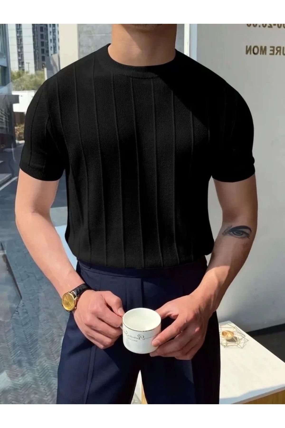 Butik Erkek Kısa Kollu Bisiklet Yaka çizgili Triko Bluz